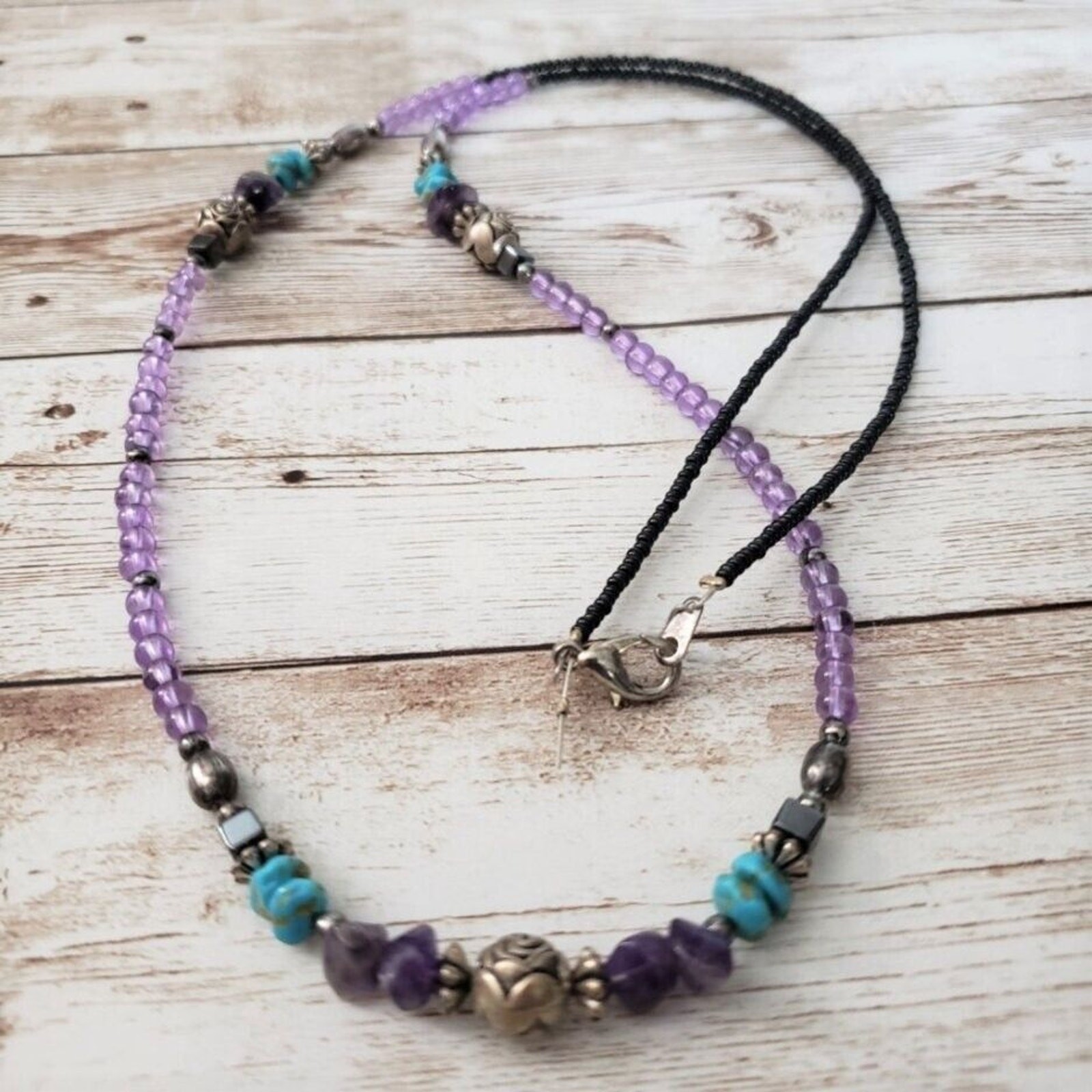 Vintage Necklace Beaded Purple, Blue, Black, Silver Tone (Can Be Layered)