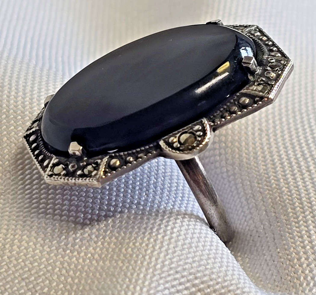 Vtg Sterling Silver Ring 7.49g Fine Jewelry Size 4.25 Band Onyx Look *READ*