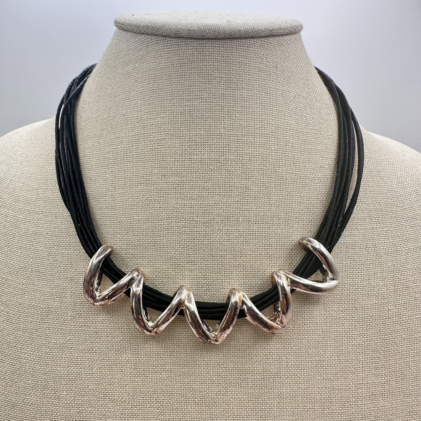 Vintage 90s Multi Strand Leather Cord Silver Tone Zig-Zag Necklace Jewelry