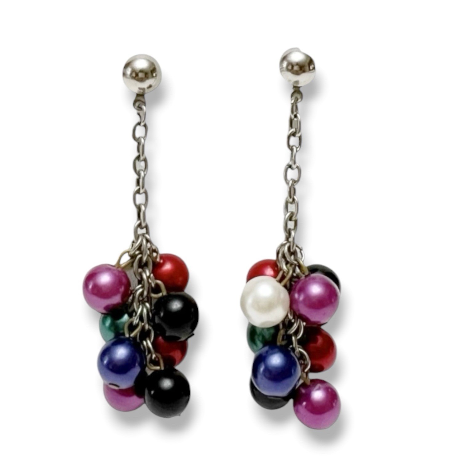 Vintage Multicolor Faux Pearl Beaded Dangling Cluster Chain Drop Earrings