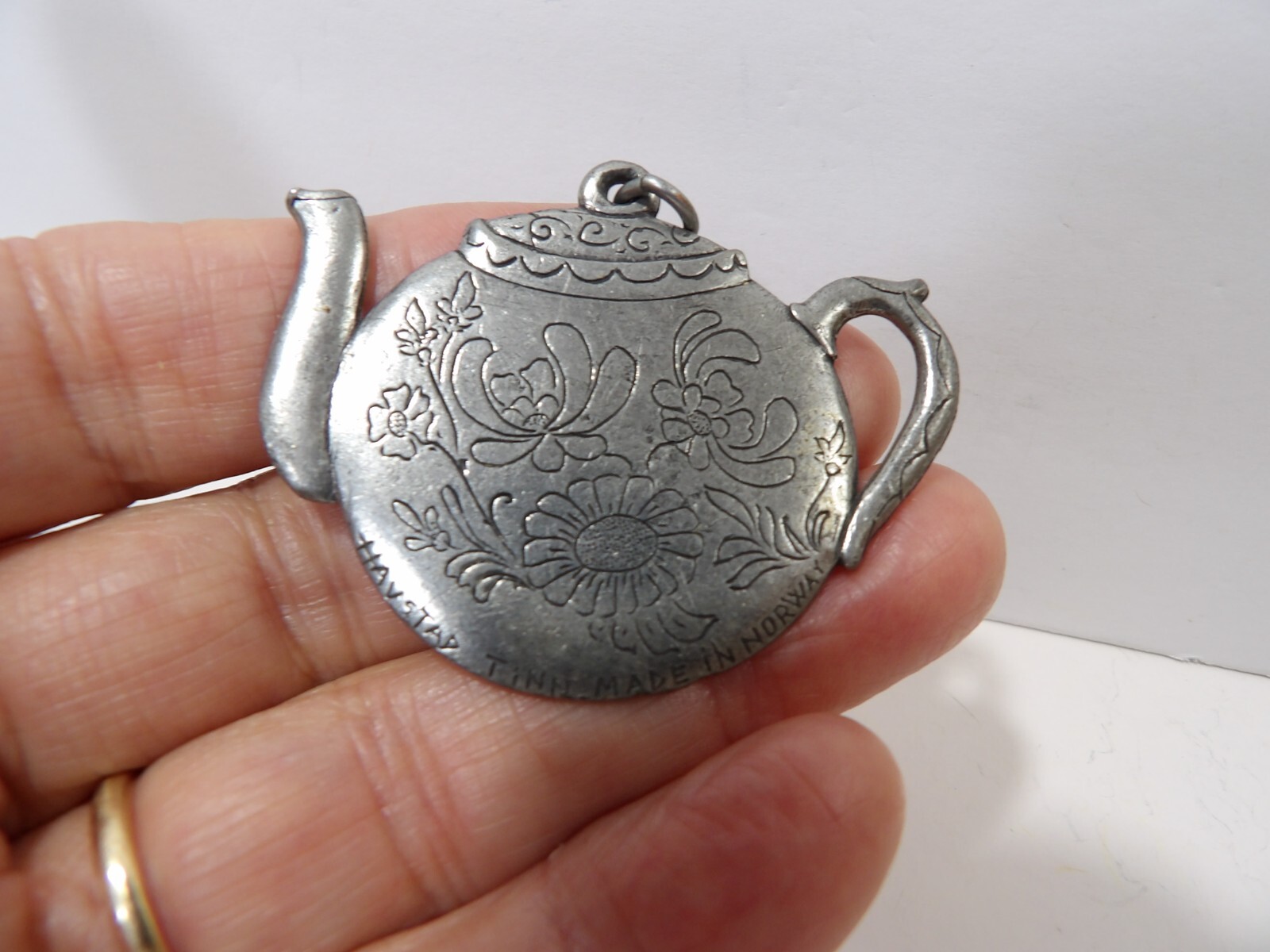 Vintage Havstad Tinn Signed Pewter Tea Pot Pendant Or Ornament ~ Made In Norway
