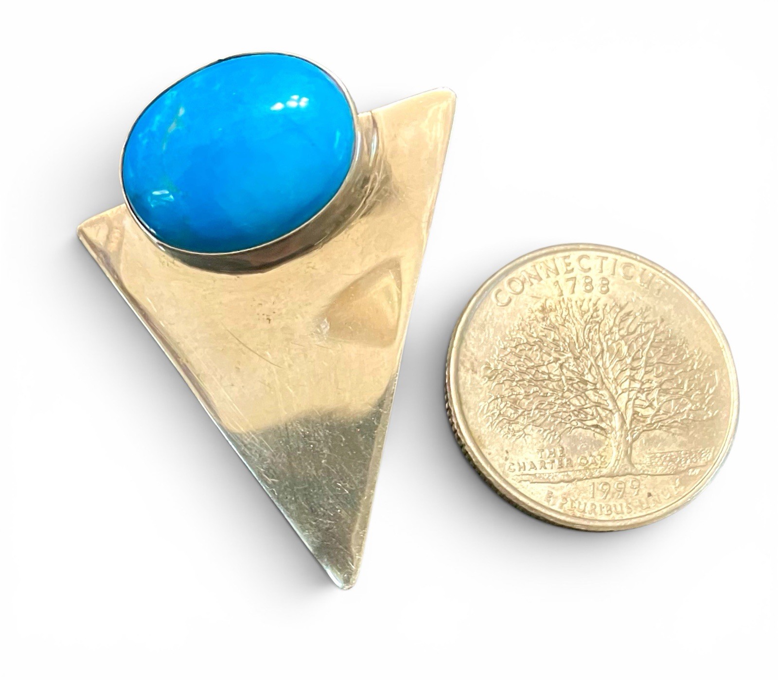 Vtg Sterling Silver Modernist Geometric Blue Cabochon Triangle Post Earrings
