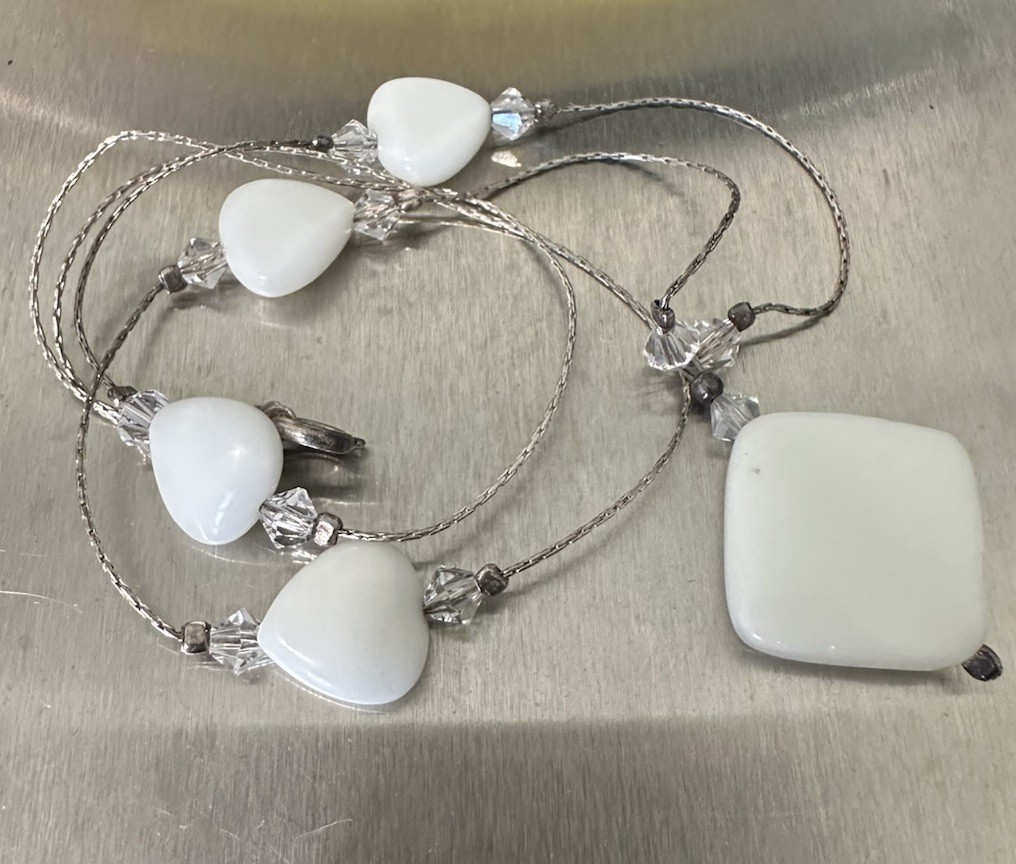 STERLING WHITE GEMSTONE RHOMBUS PENDANT & STATION HEARTS W/CRYSTALS NECKLACE