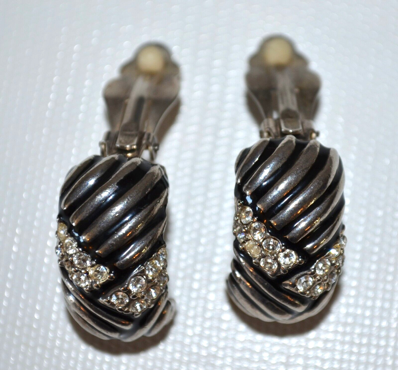Vintage Silver Tone & Black Clip On Earrings with Clear Rhinestones 1.25″