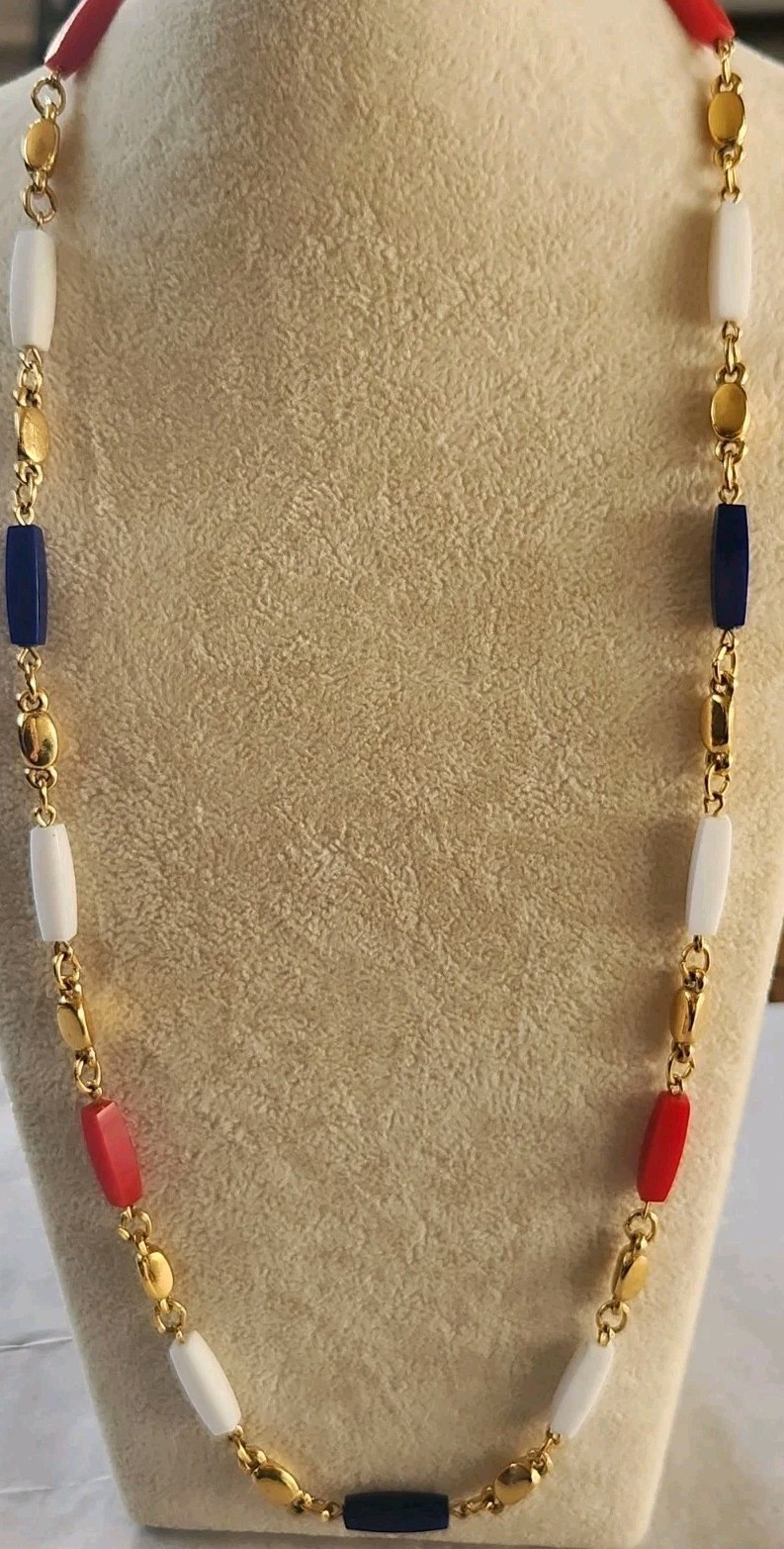 Trifari Necklace Clip On Earrings gold-tone Red, White & Blue Plastic Beads