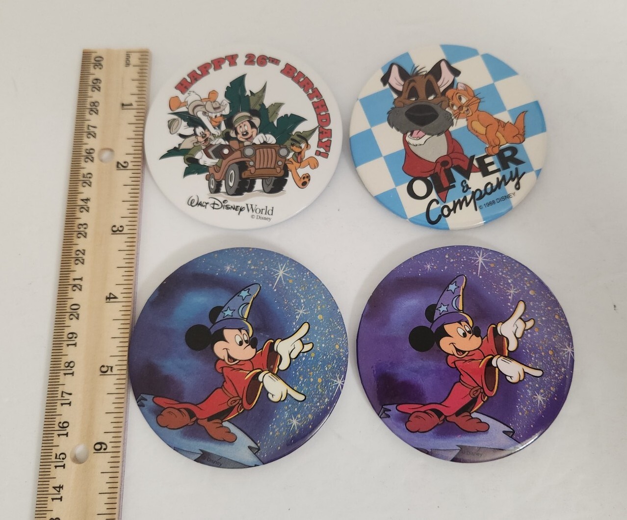 Lot Of 4 Vintage Disney Button Pins Oliver & Company Micky Mouse Fantasia WDW