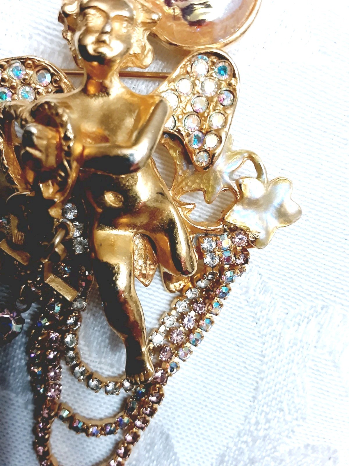 Kirks Folly Brooch Pin Seaview Angel Moon Cupid Cherub Rhinestones Gold Tone Vtg