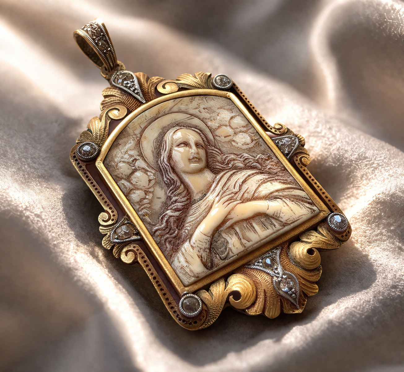 Antique 18K Gold Virgin Mary Pendant w/ 11 Diamonds Victorian Religious Rare XIX