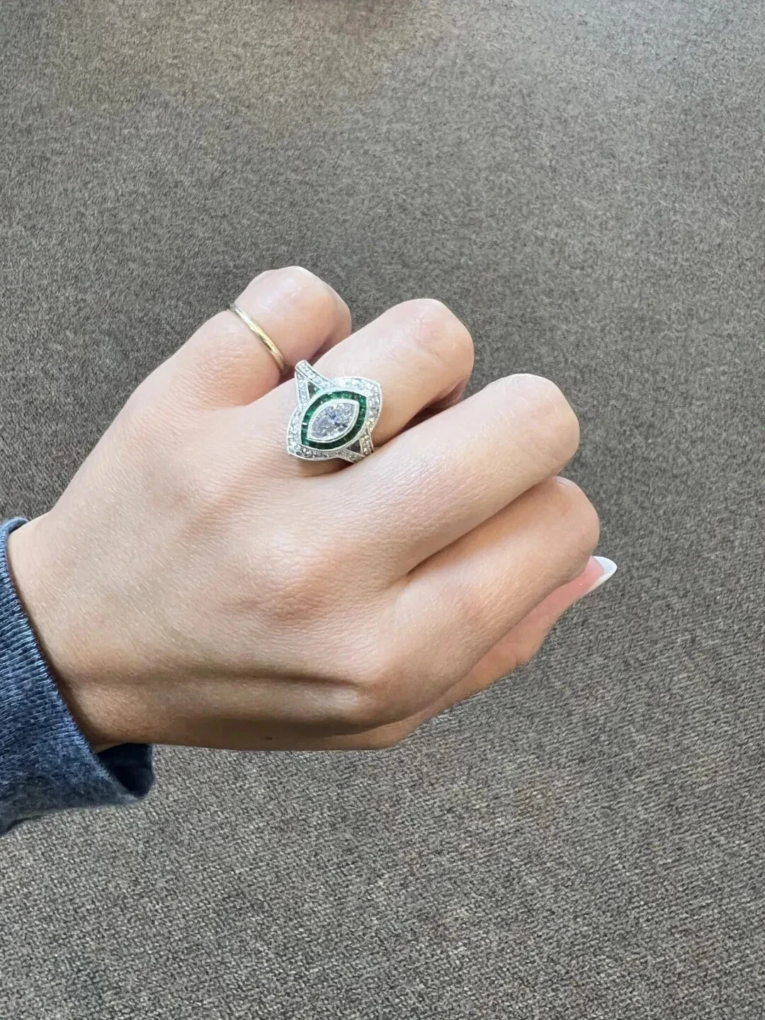 Art Deco Vintage Lab Created Emerald Diamond Engagement & Gift 925 Silver Ring