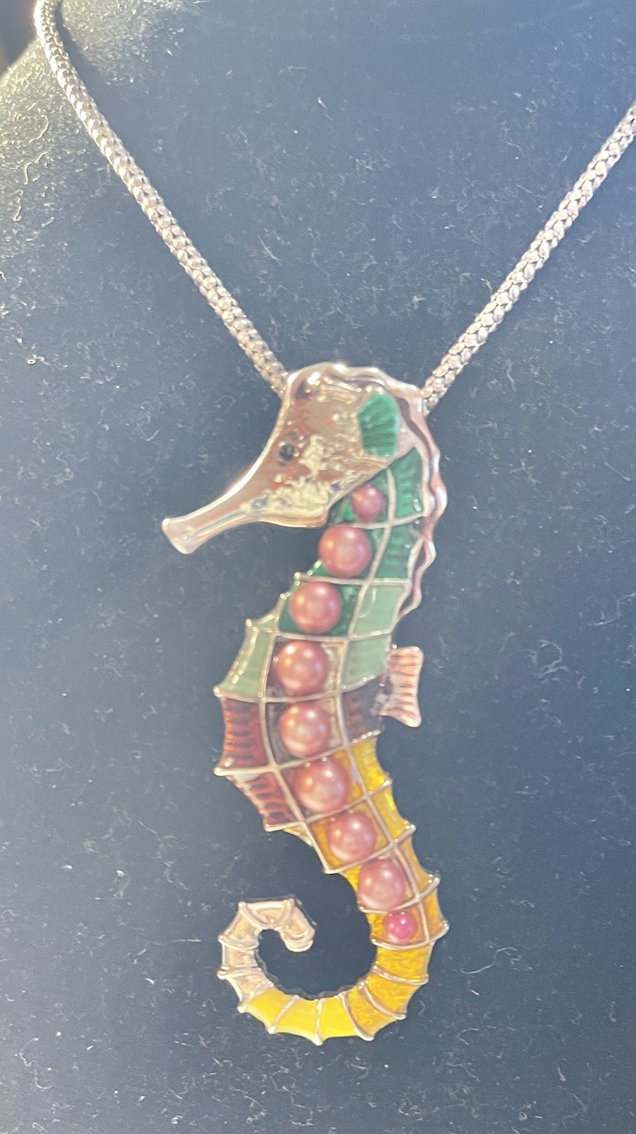 Vintage Colorful Seahorse Pendant Necklace Silver Tone & Enamel Pink Bead Charm