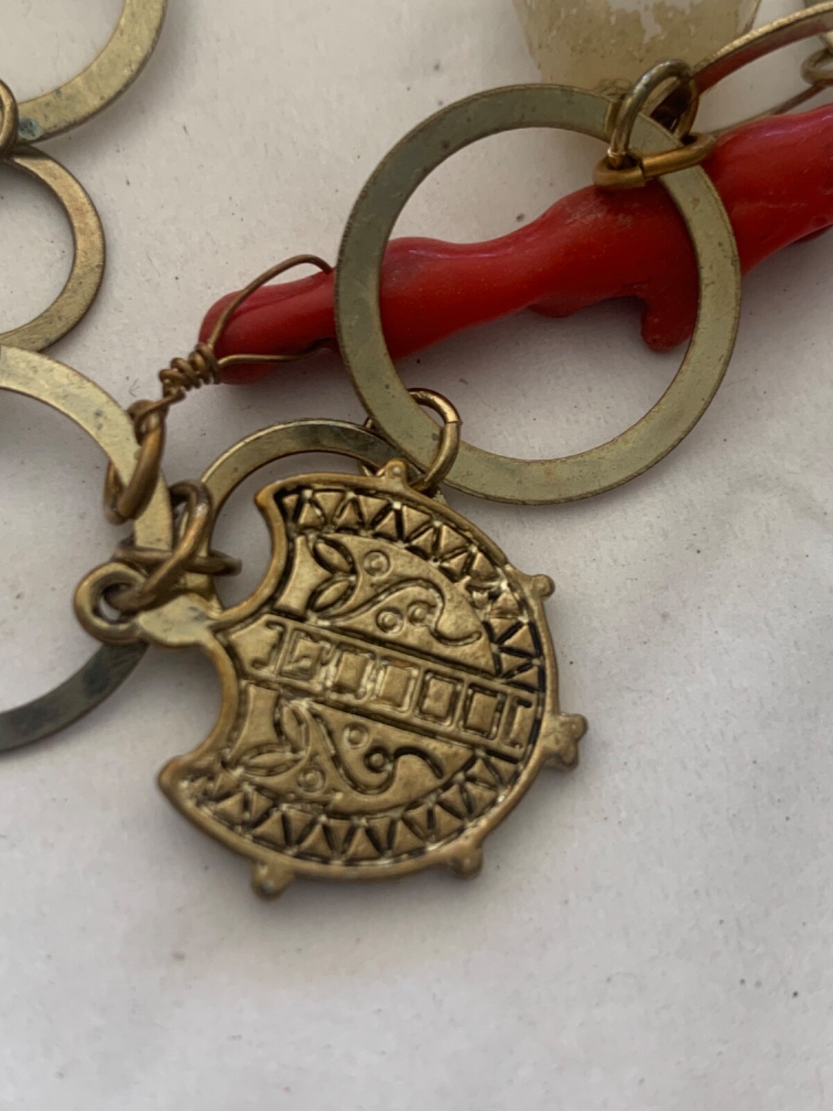 Vintage Metal Link Necklace with Glass and metal Charms stone, faux coin & shell