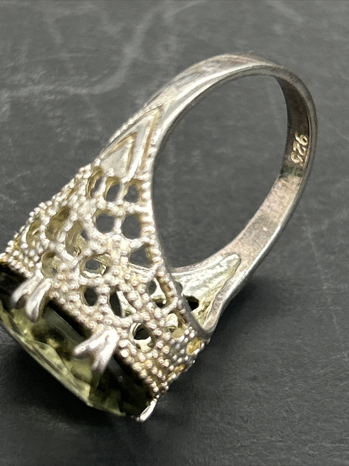 Vintage Sterling Filigree Cutout Ring With Smoky Green Stone Size 6-3/4 H19