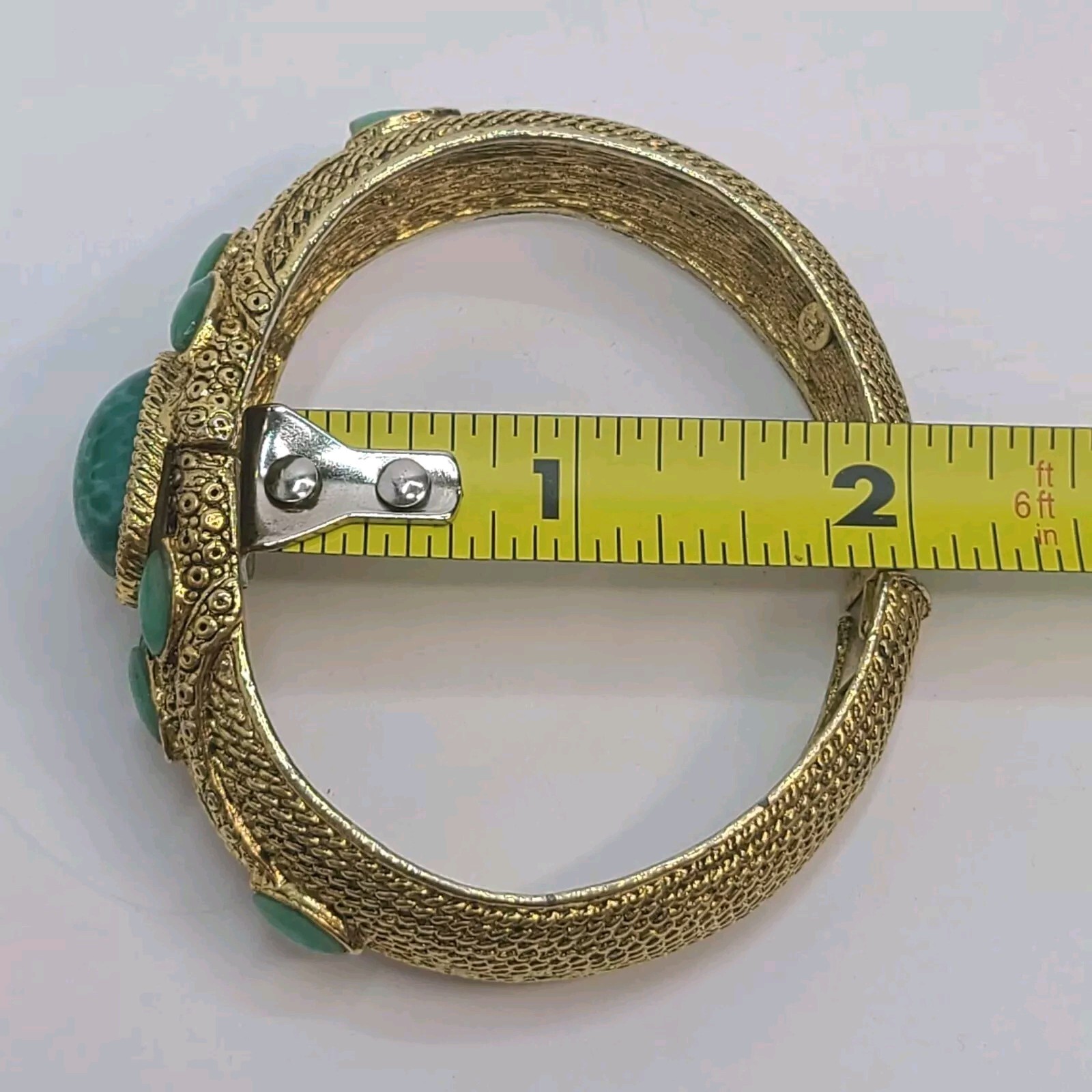 Gorgeous Vintage Hobe Bracelet Green Poured Glass Rhinestone Gold Tone Finish