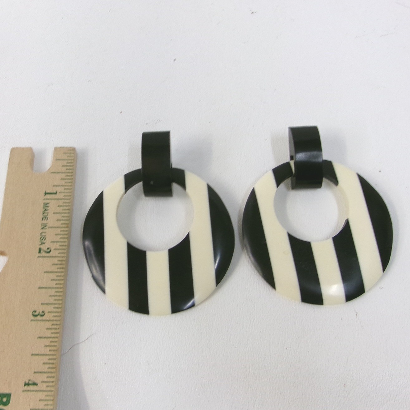 Large Vintage Black & Off White Striped Resin Pierced Earrings