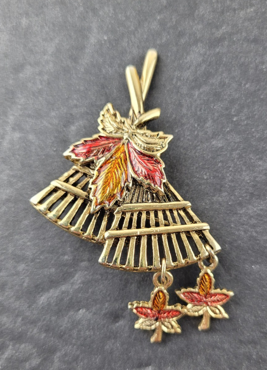 Vintage Fall Brooch Rake Multicolor Enamel Dangle Leaves Fall Colors