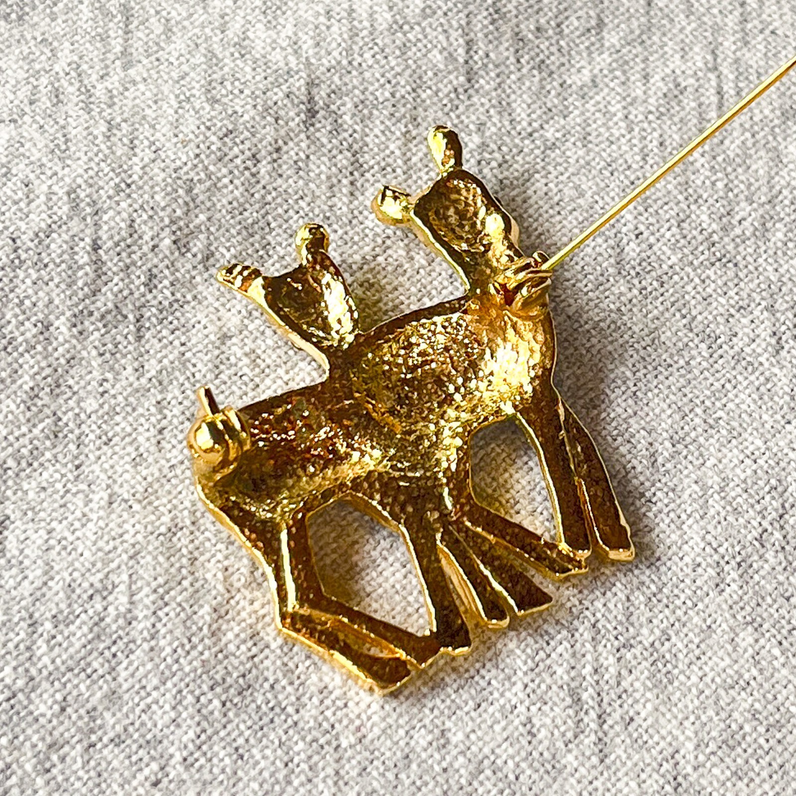 Ebony & Ivory Enamel Deer Brooch Rhinestone Gold Tone Animal Pin Costume Jewelry