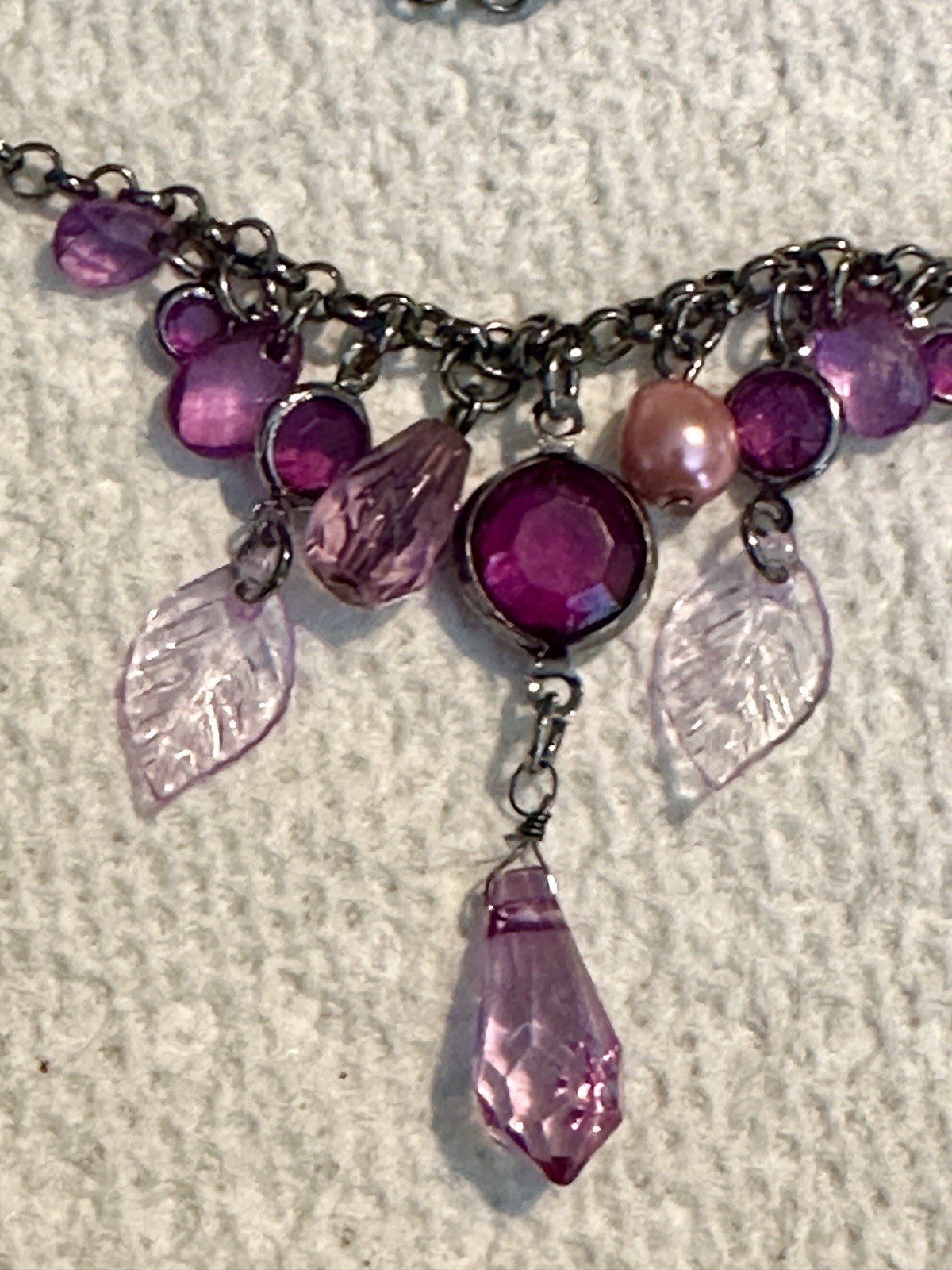 Vintage Purple White Pink Multi Shape Size Beaded Black Chain 48” Necklace