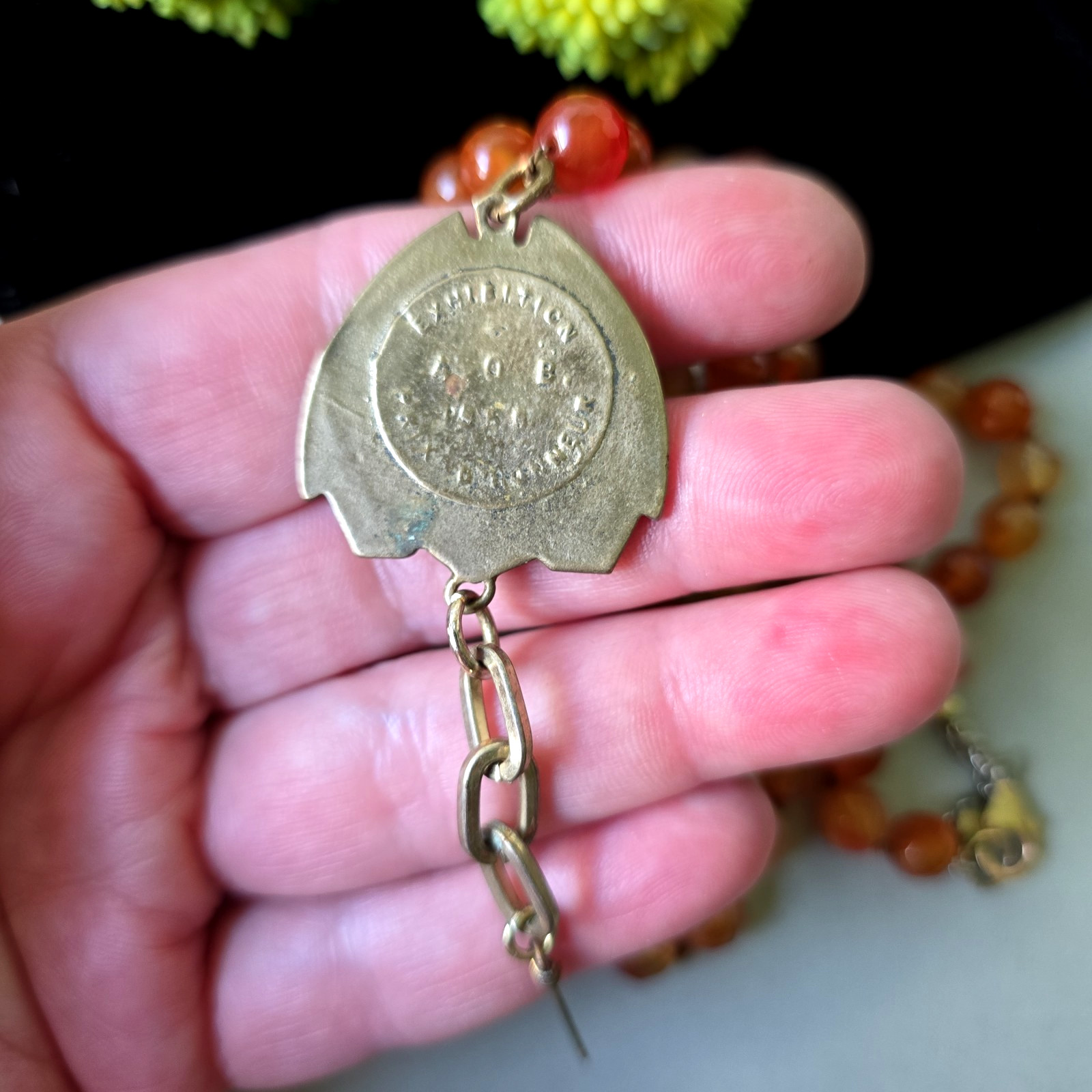 Vintage 1950 Bronze Art Nouveau Style Pendant Faceted Agate Foil Glass Necklace