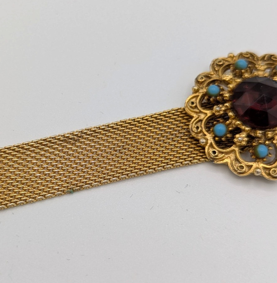 Vintage FLORENZA Mesh Choker Necklace Gold Tone Red turquoise Victorian Revival
