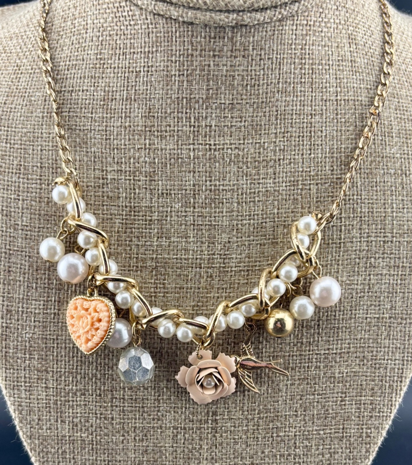 Vintage Charm Necklace Hearts, Flowers, Birds