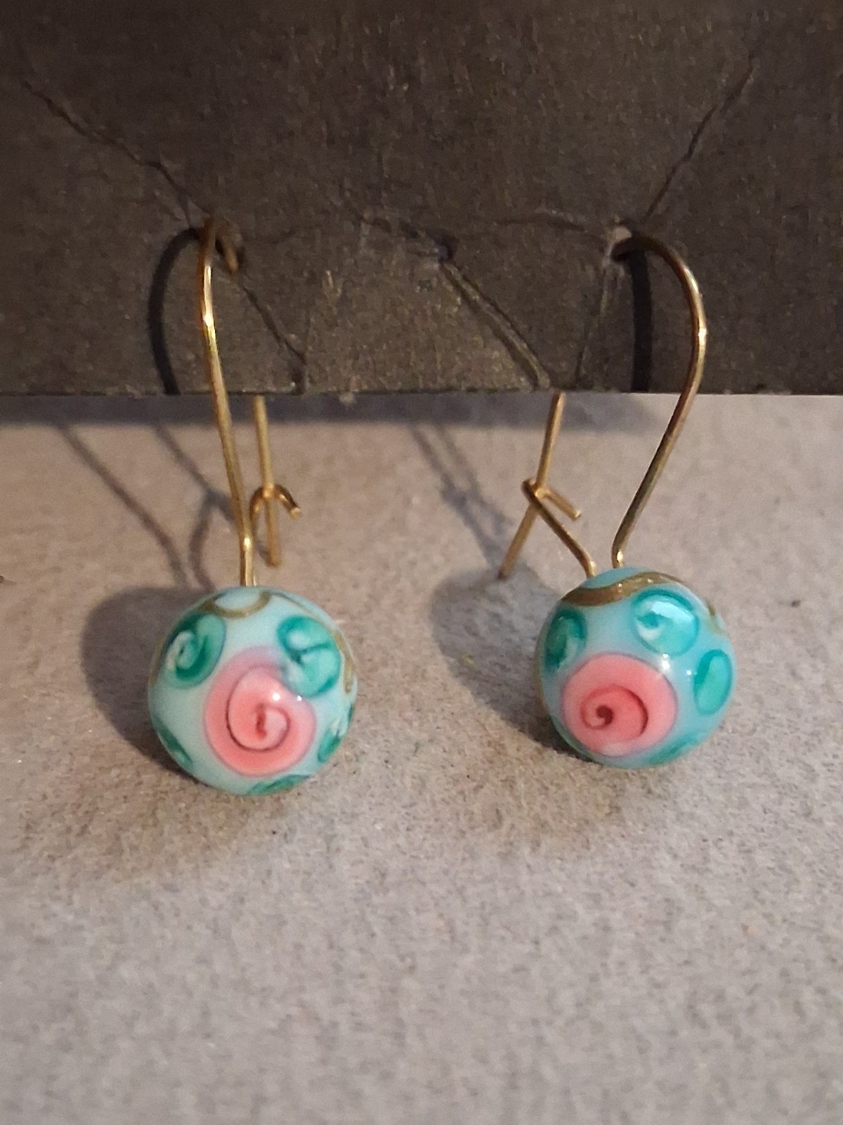 Turquoise blue lampwork bead dangle drop earrings w/pink flower, gold-plate earw