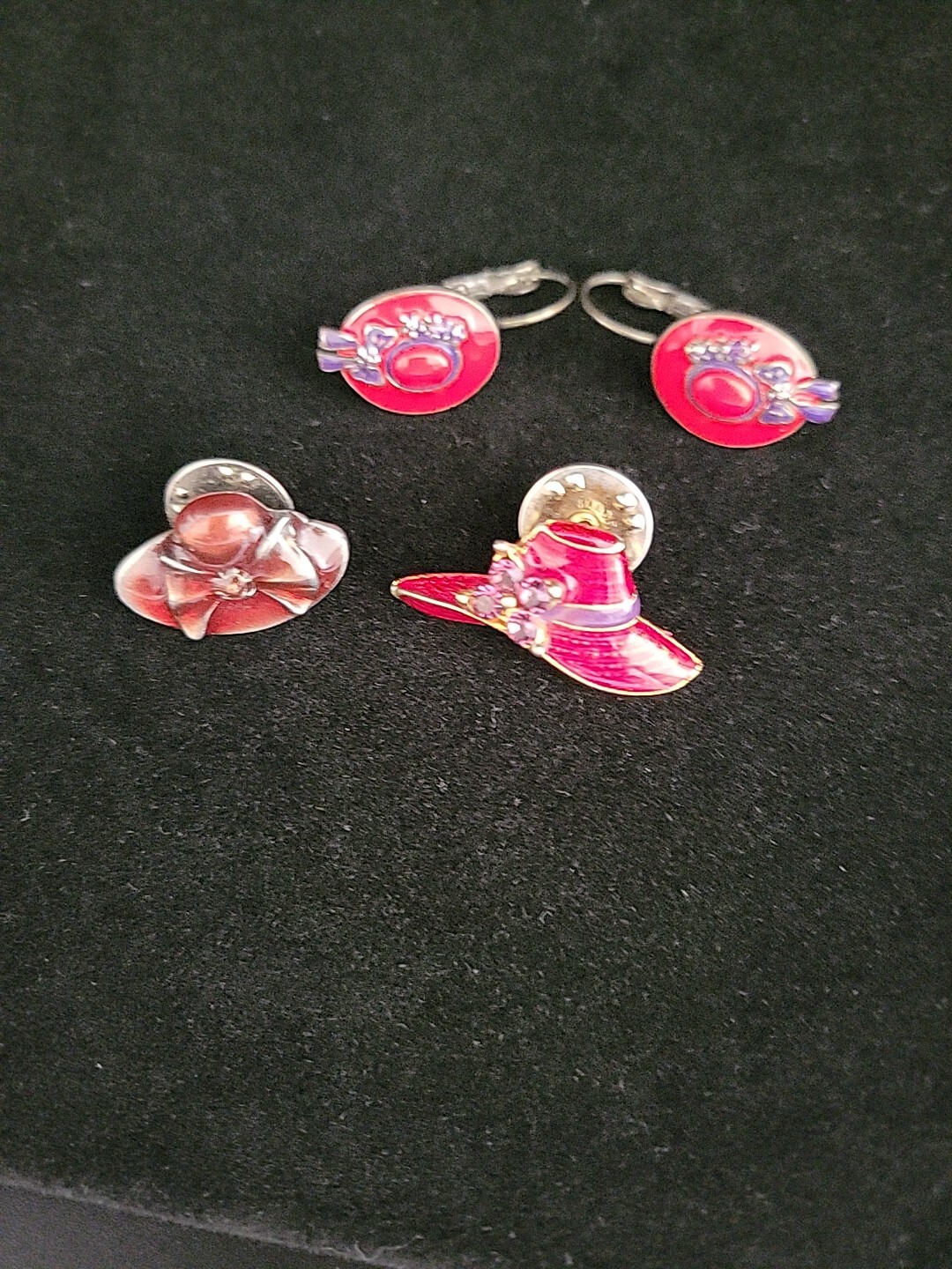 2 Vntg Red Hat Society pins & a pair of pierced earrings