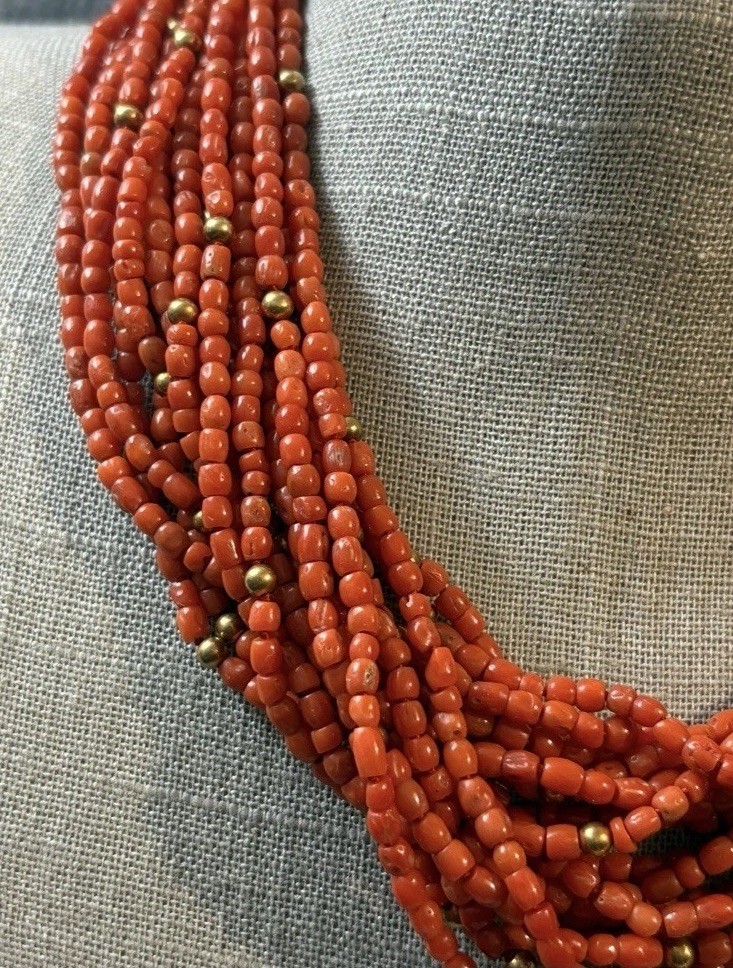 Vintage 18k Gold Multi Strand Coral Necklace Statement Chunky European 17”