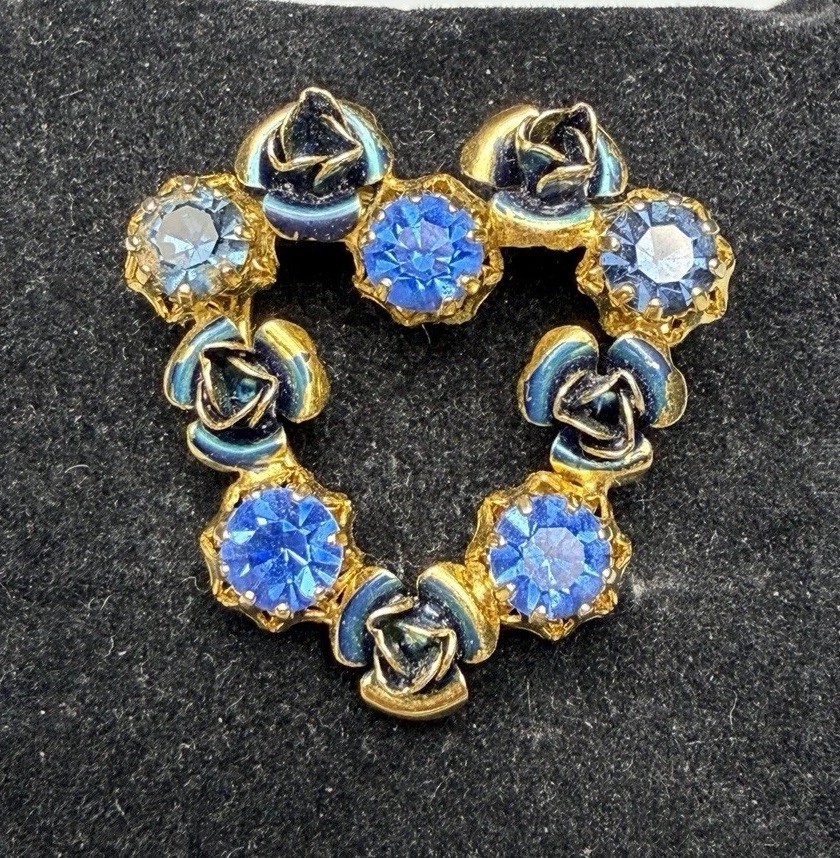 Austrian Brooch Blue Rhinestones Enamel Roses Prong Set Gold Tone Metal VTG