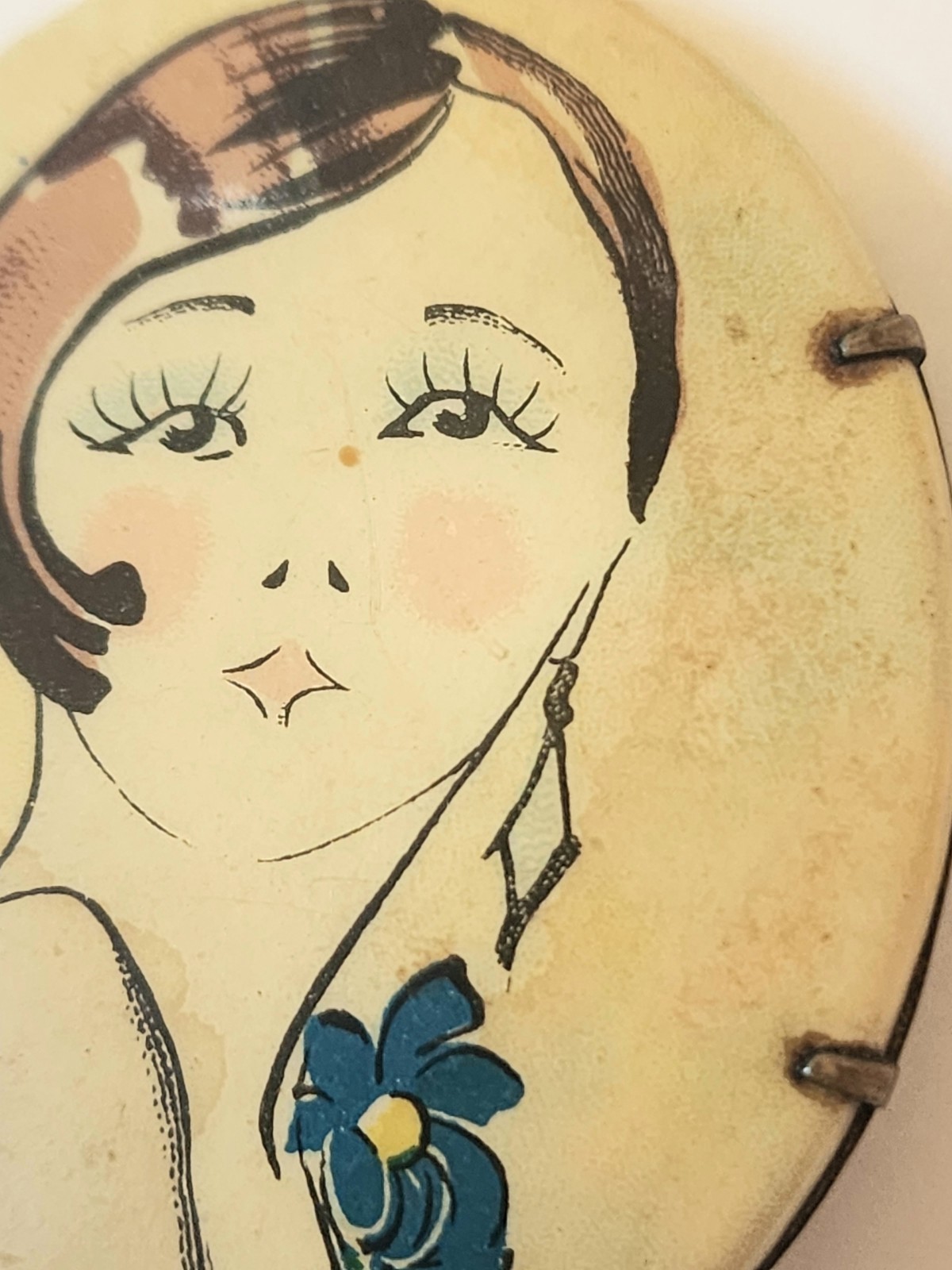 Vintage Art Deco Celluloid Brown Haired Flapper 1920s Portrait Brooch C Clasp