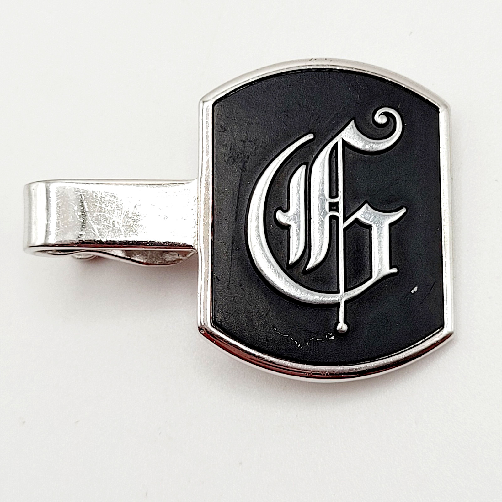 G Letter Old English Script Silver Tone Black Enamel SWANK Tie Clip Clasp