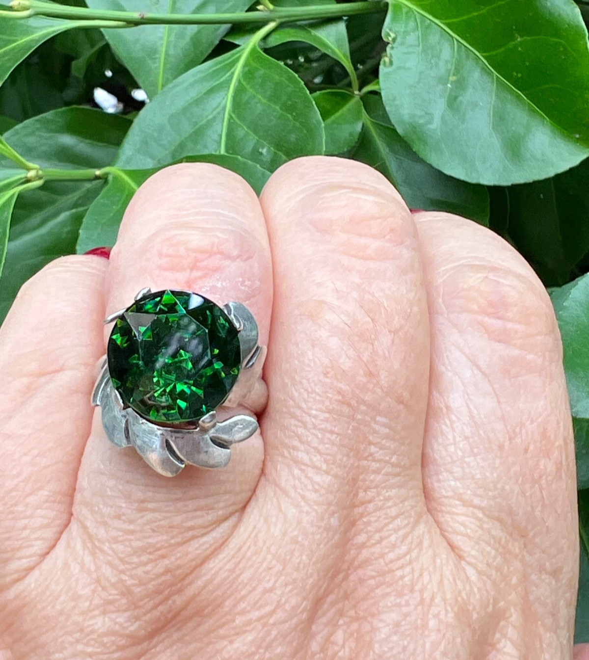 VINTAGE LARGE ROUND GREEN PASTE GLASS RHINESTONE RING 925 STERLING SLVER MEXICO