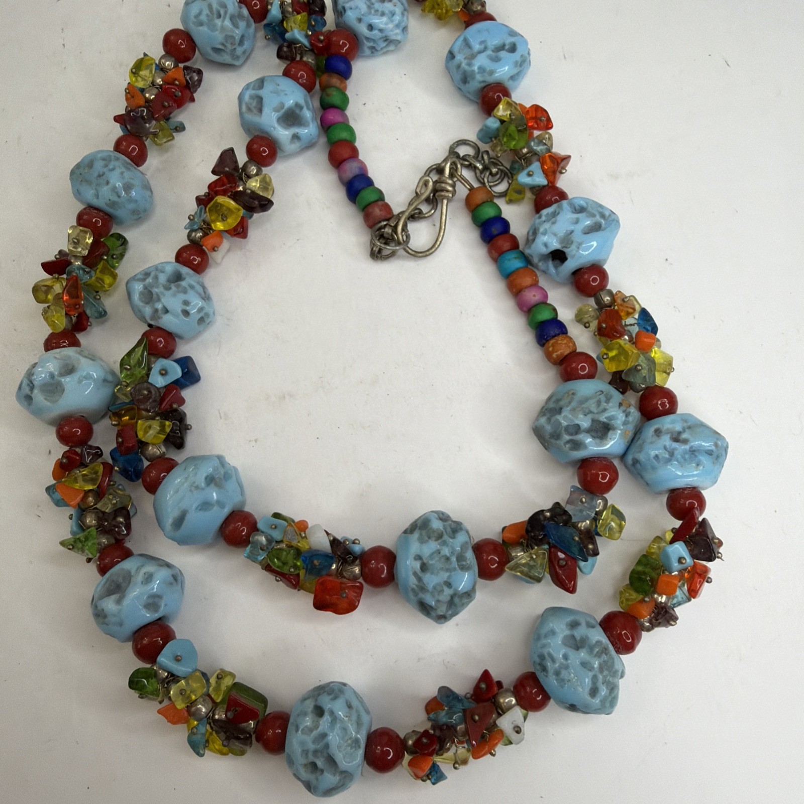 Handmade Multicolored Beaded Statement Necklace Chunky 32”
