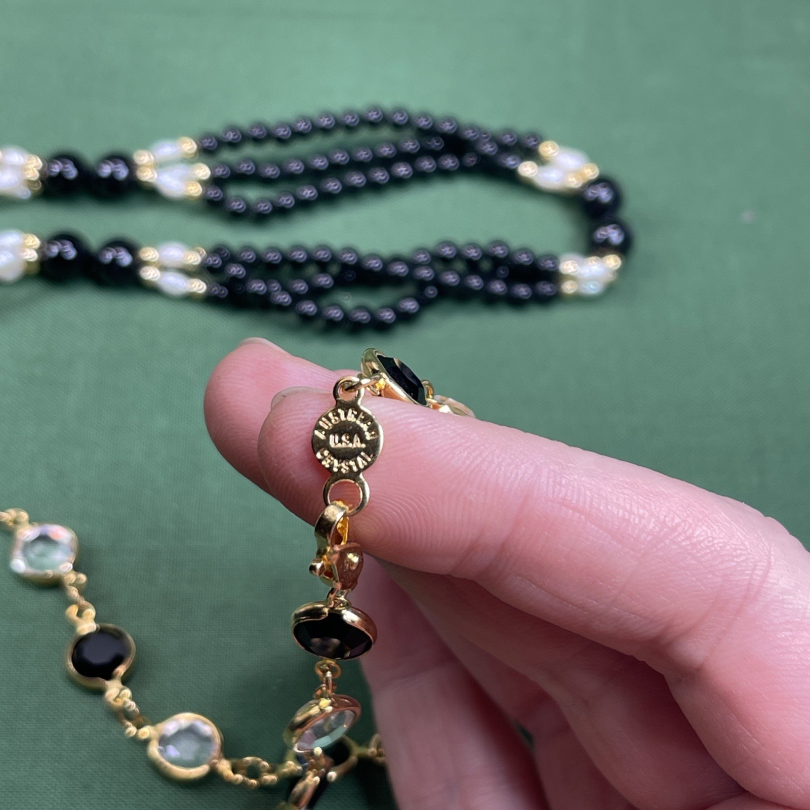 USA Made Austrian Crystal Black Gold Tone Rice Pearls Jewelry 4 Piece Parure Set