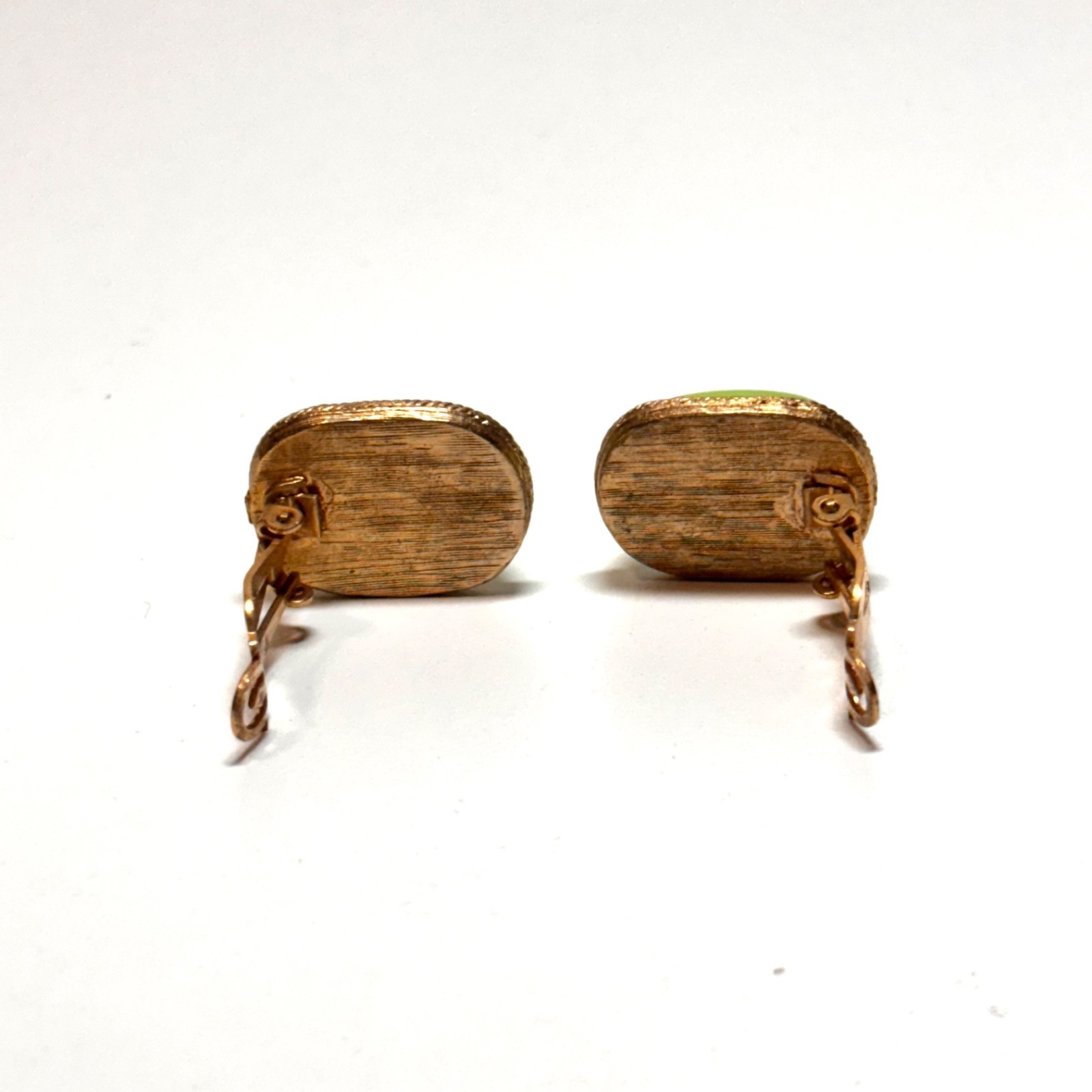 MARVELLA earrings lime green cabochon block ovals goldtone metal clip on vintage