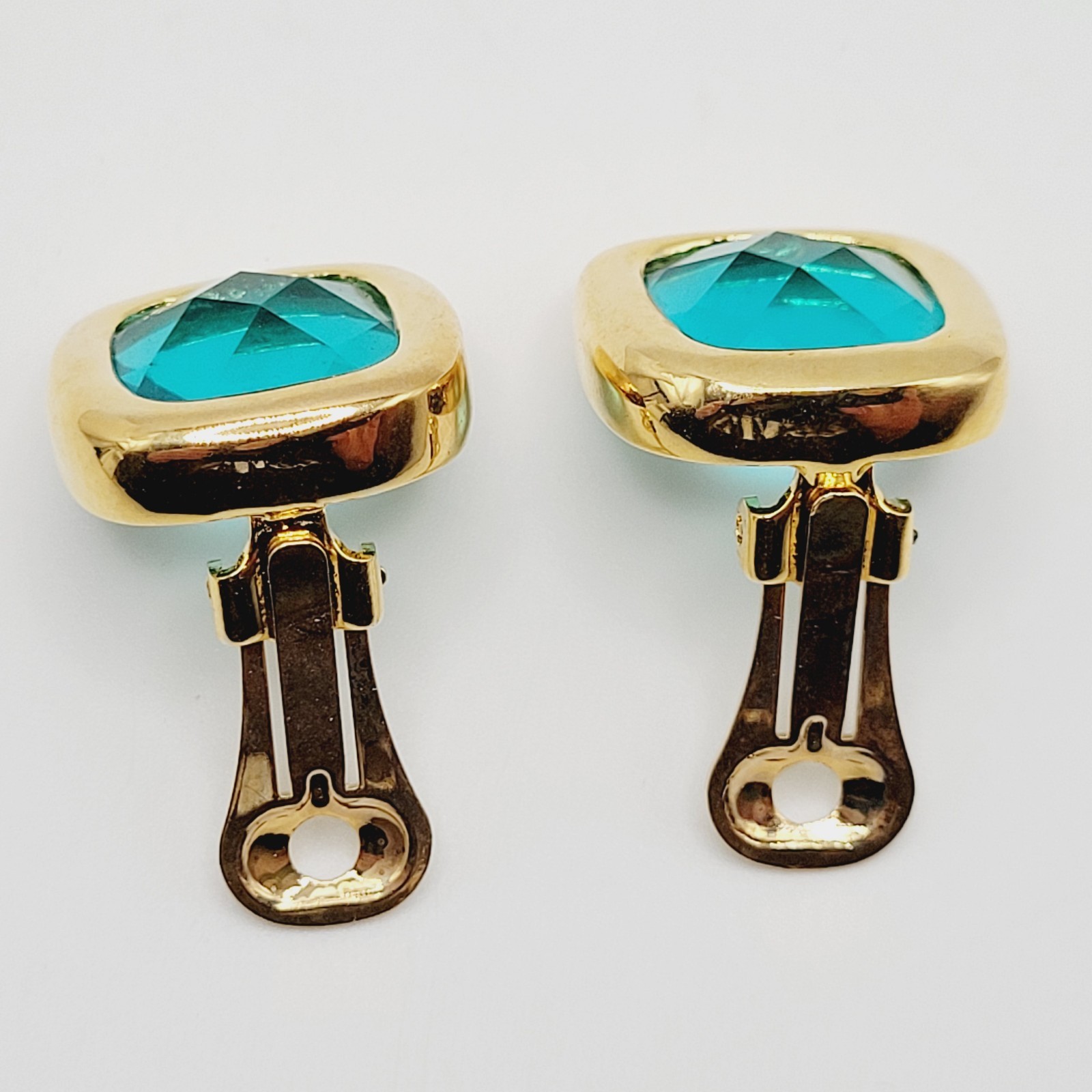 Aqua Light Blue Green Faceted Glass Soft Square Gold Tone Bezel Clip On Earrings