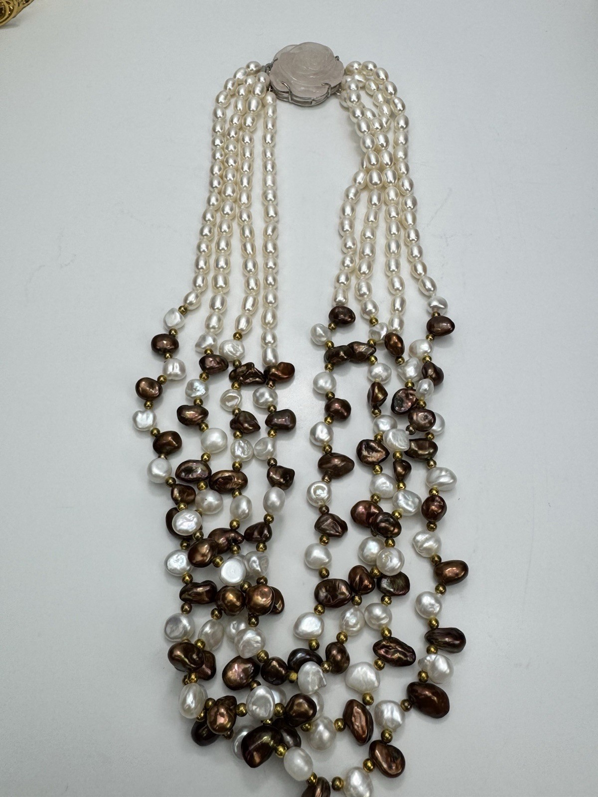 Stunning Freshwater Pearl Necklace White & Chocolate Baroque Rose Quartz Clasp