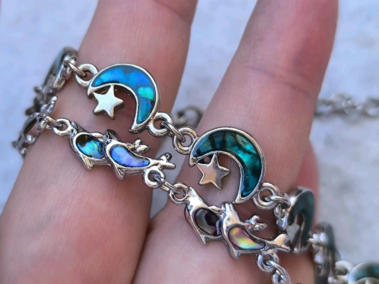 Two vintage cute metal and Abalone shell bracelets
