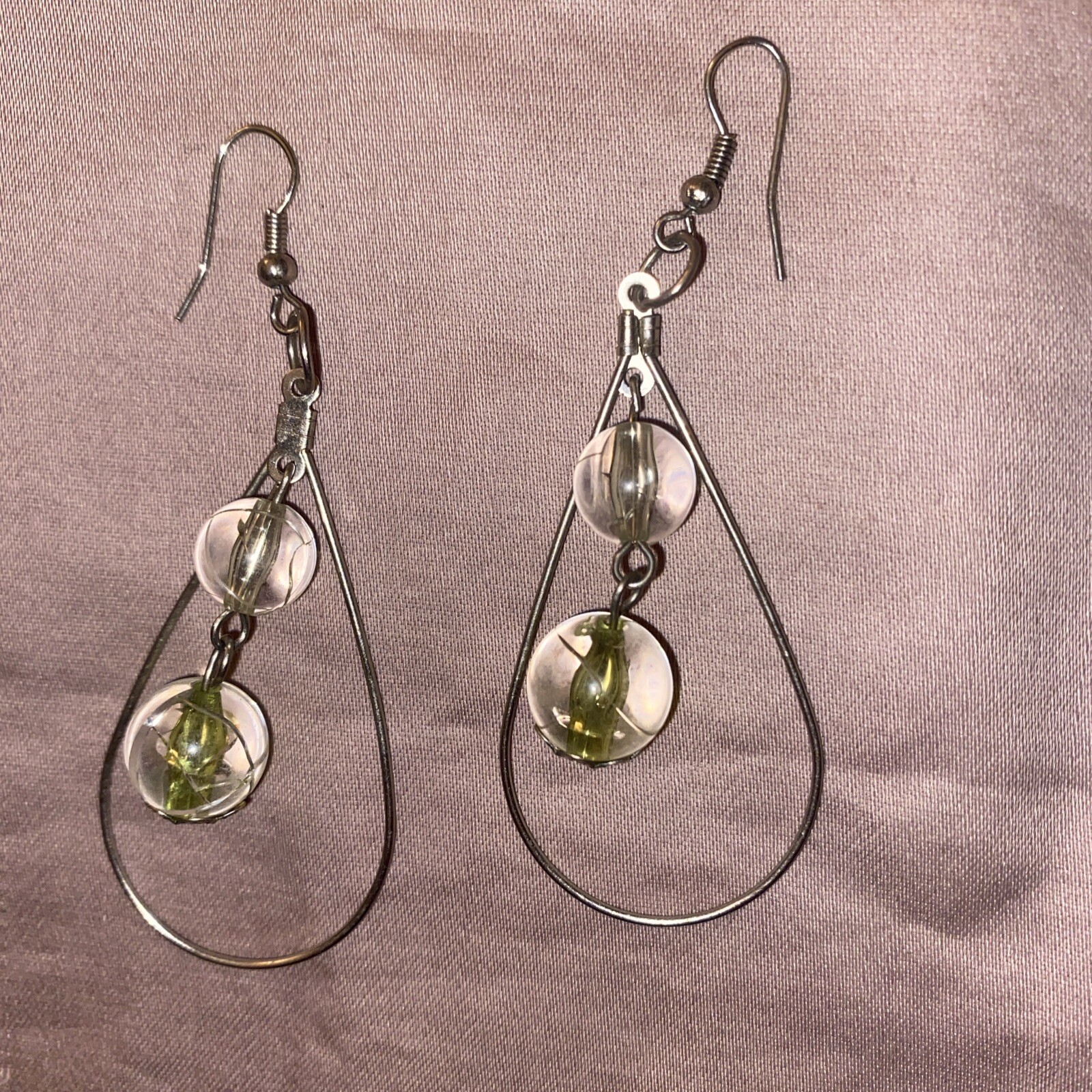 Vintage Dangle Earrings Silver Teardrop With Green & Clear Stones 2” Classic
