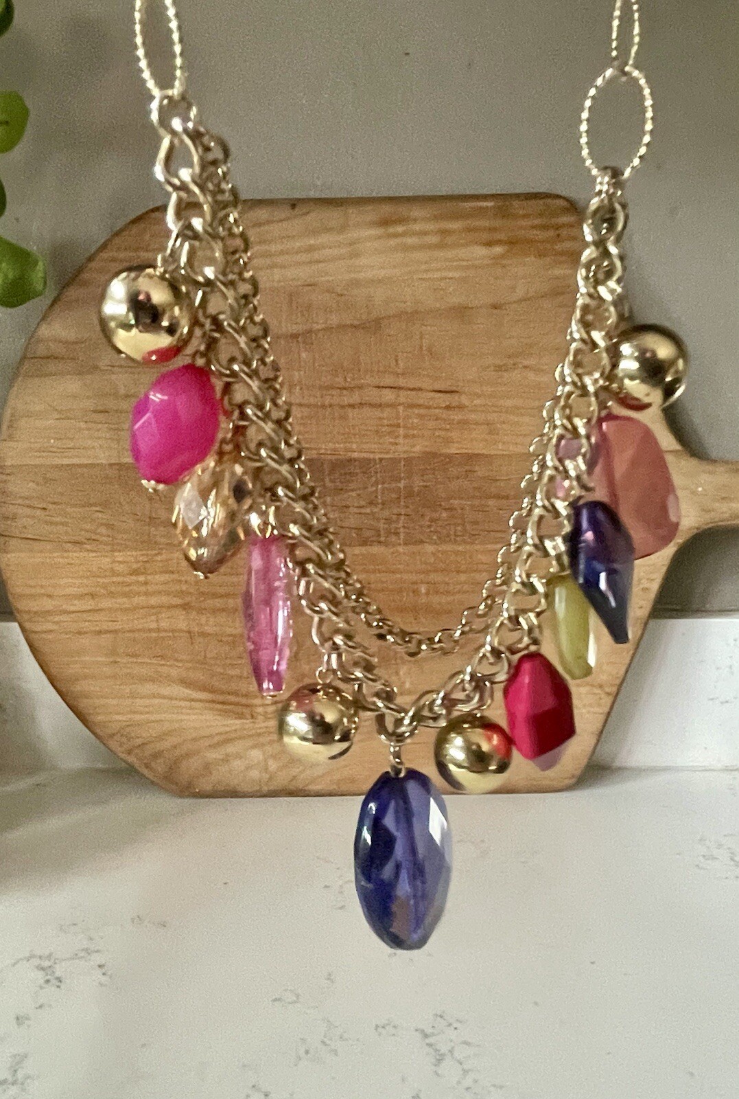Bright Pastel Multi-Colored Faceted Faux Gem Gold Tone Double Chain Necklace 20”
