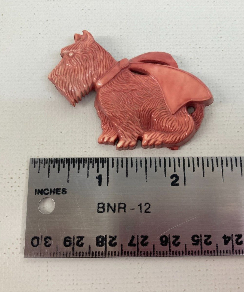 Vintage Pinkish Salmon Color Plastic Celluloid Scottie Dog Pin Brooch