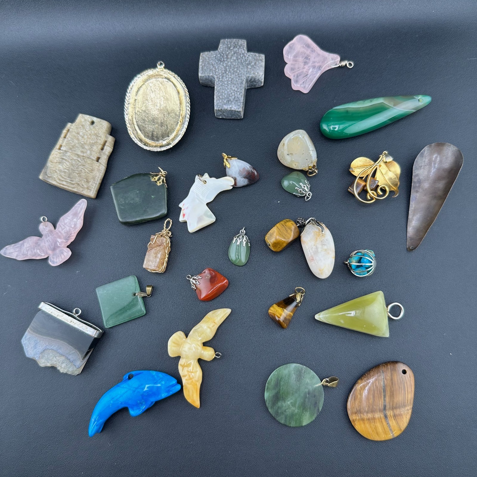 Vintage Gemstone Pendant Charm Lot Jade Quartz Agate Tigers Eye Jasper 25+