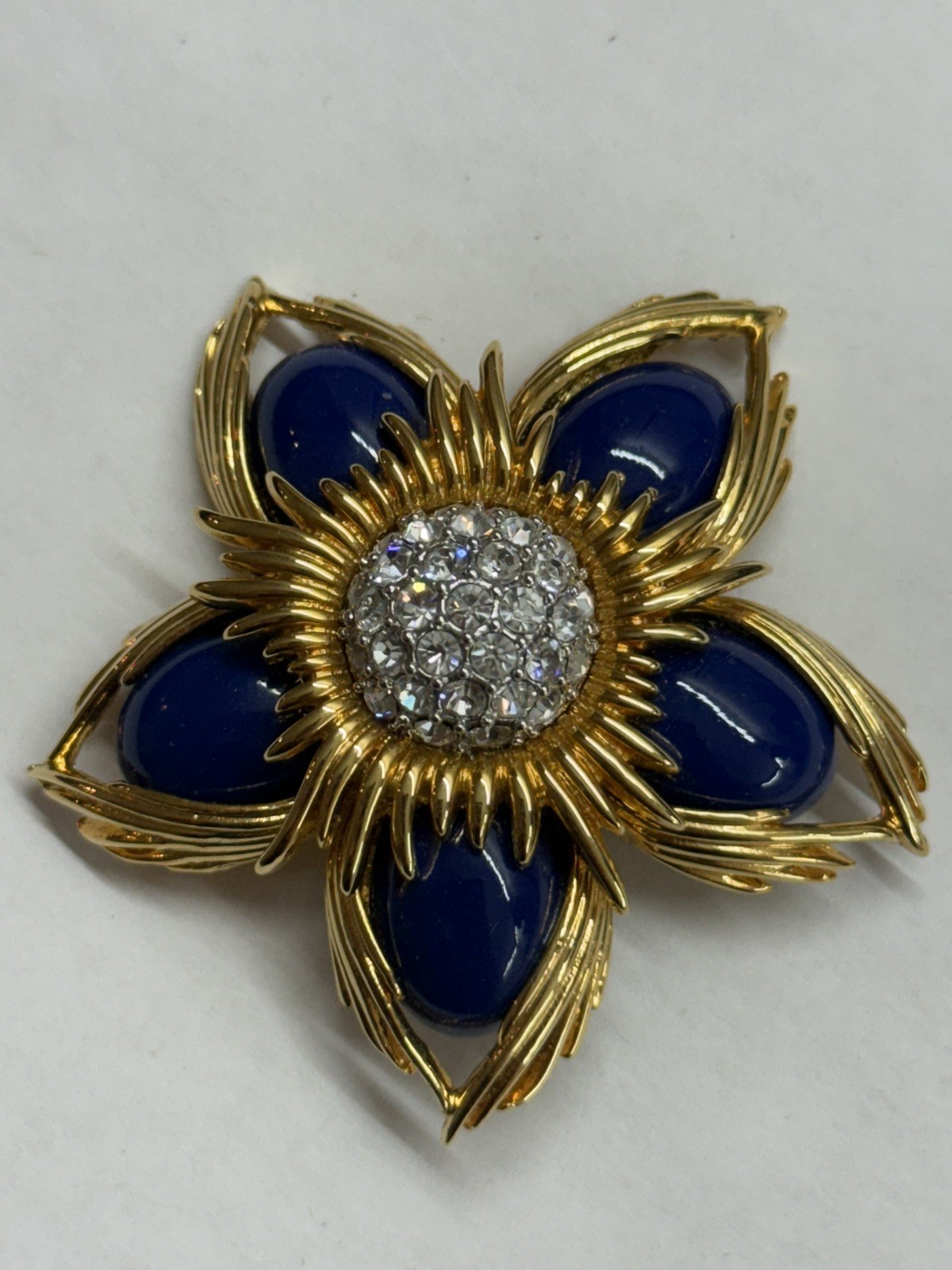 Vintage Joan Rivers Gold Toned Chunky Star Flower Crystal Faux Lapis Brooch Pin