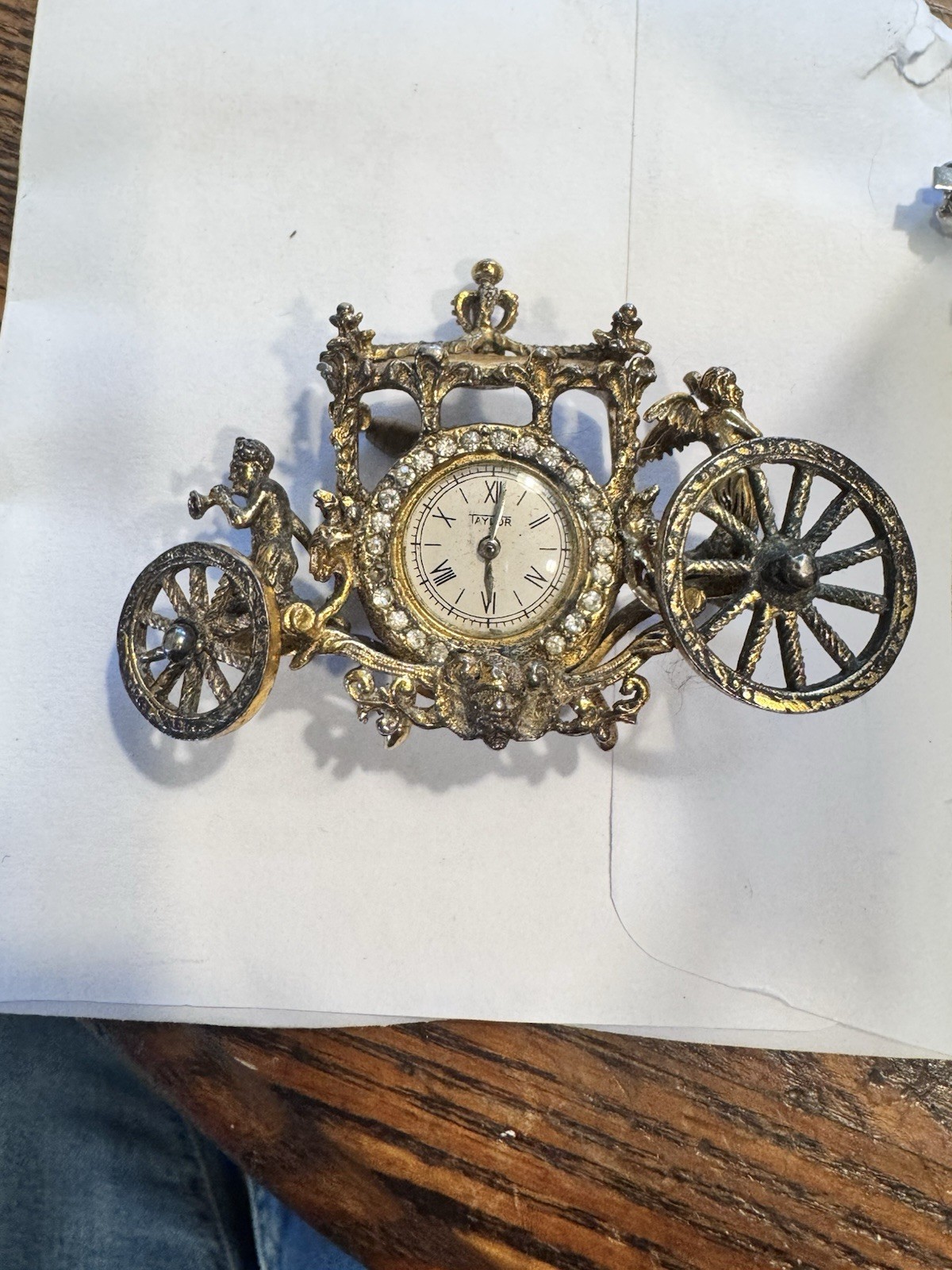 RARE Sterling Gold Wash TAYLOR Dimensional Carriage & Watch Brooch NEEDS REPAIR