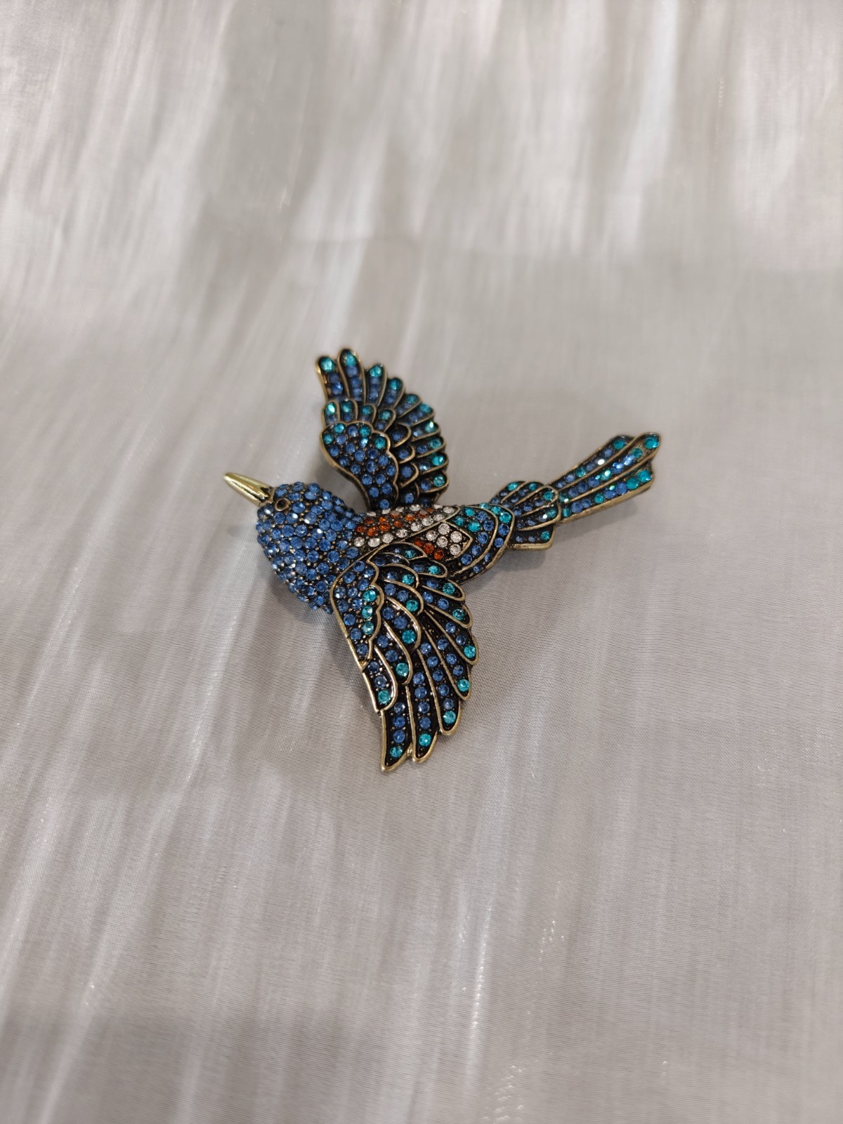 Heidi Daus Rhinestone Bird Brooch Blue Multi Tone Crystal Antique Bronze Pin