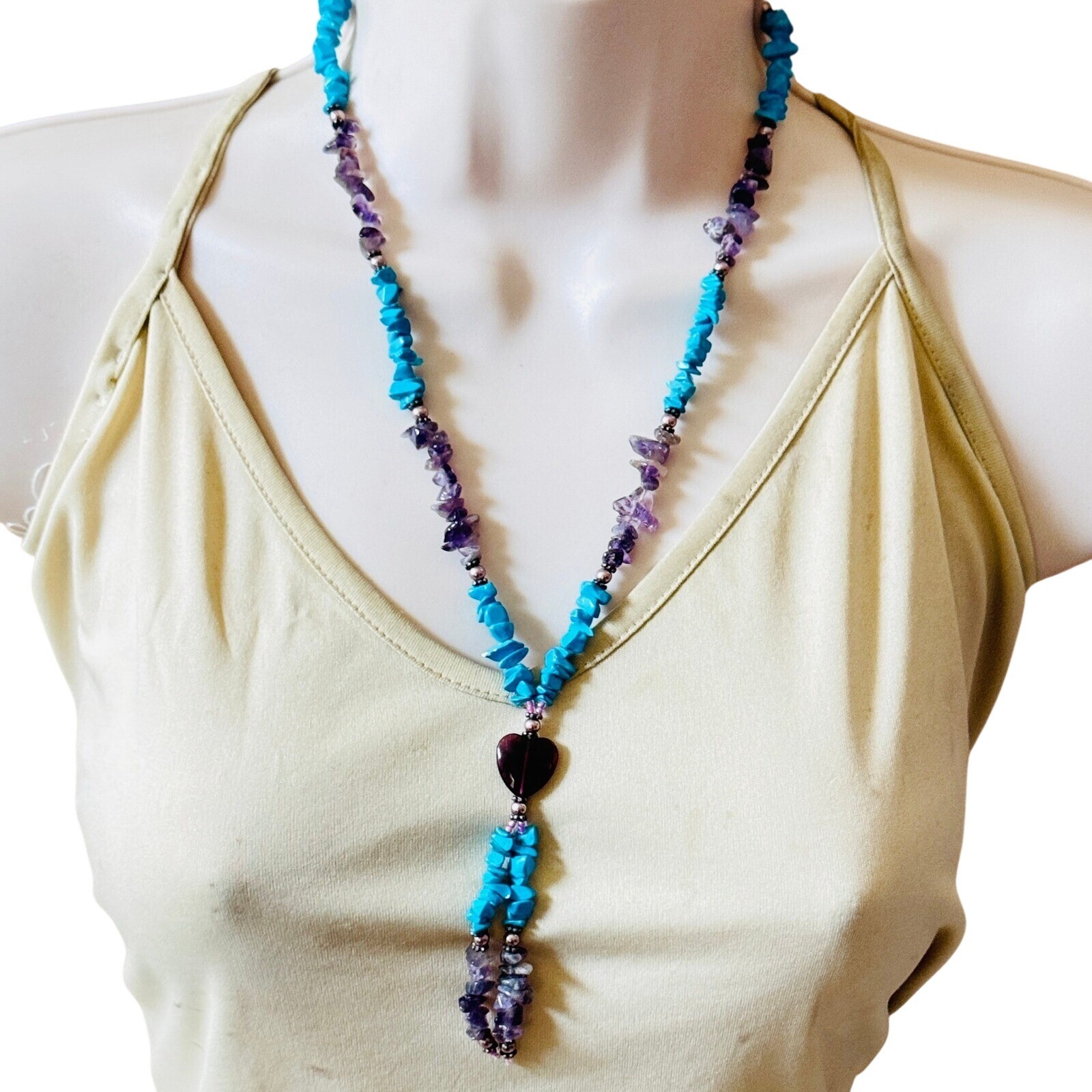 South Western Heart Boho Necklace VTG Blue Turquoise purple Amethyst Beads 21″