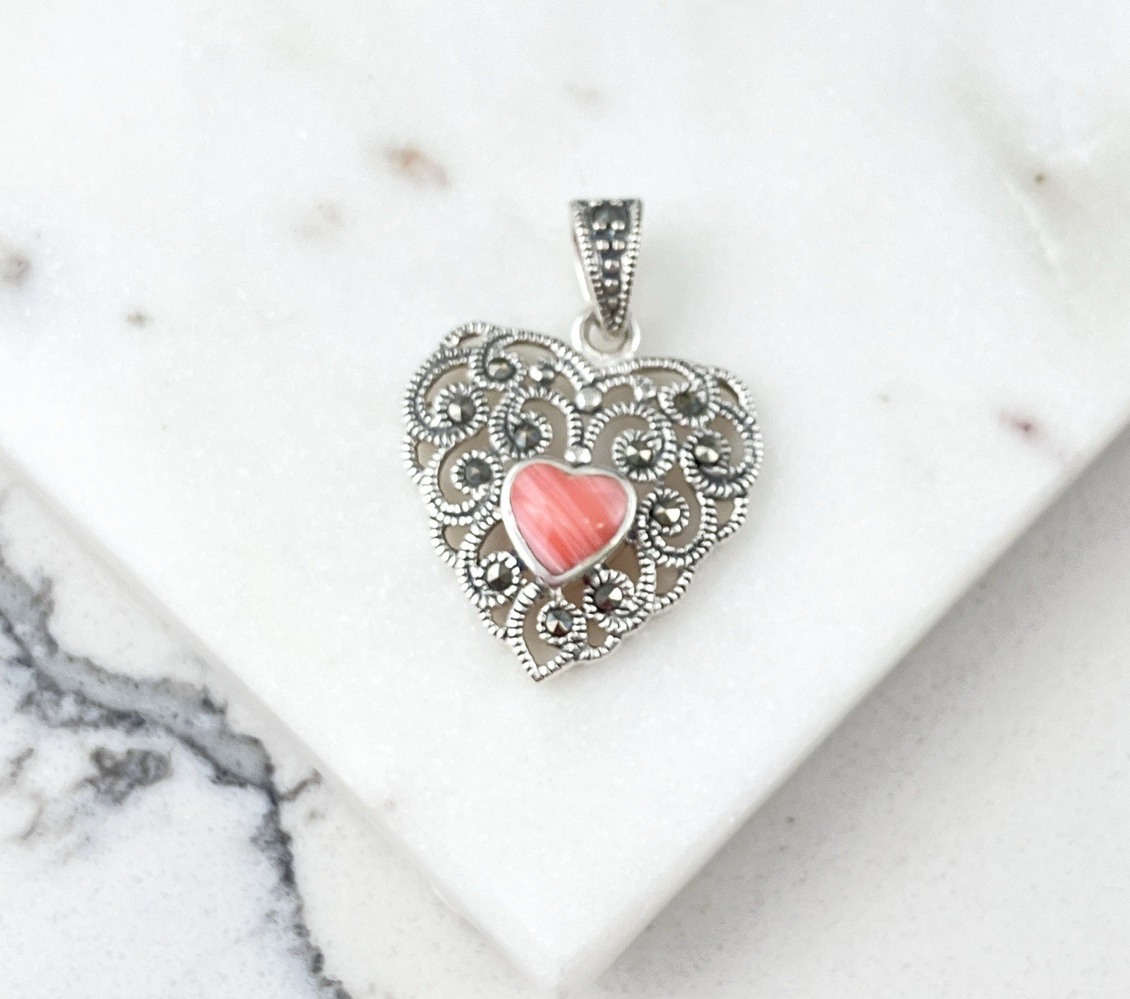 Vintage 925 Sterling Silver Deco Marcasite Pink Coral Heart Pendant