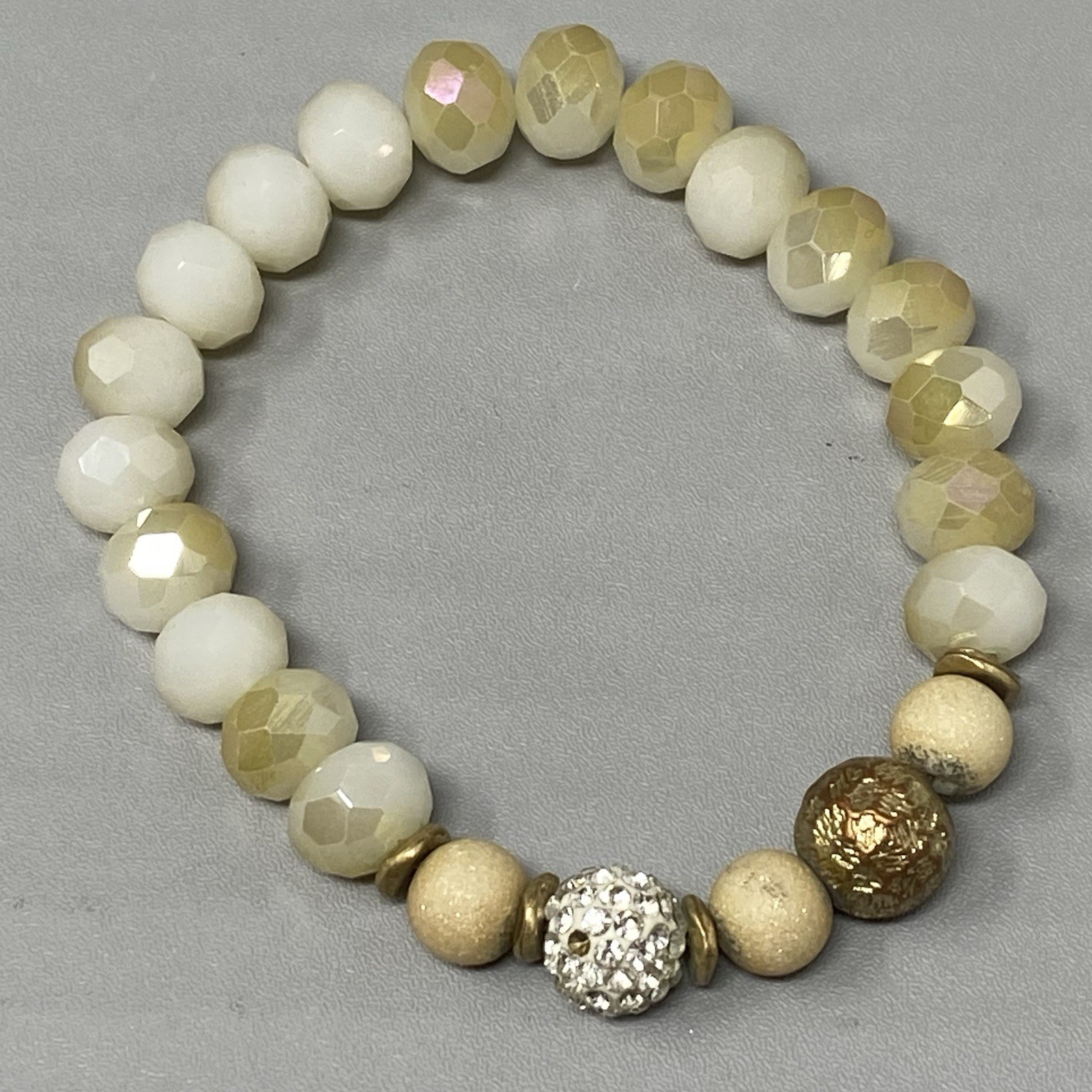 Glass Beaded Bracelet White Opaque Yellow Fire Polished Faceted Stretch 7″