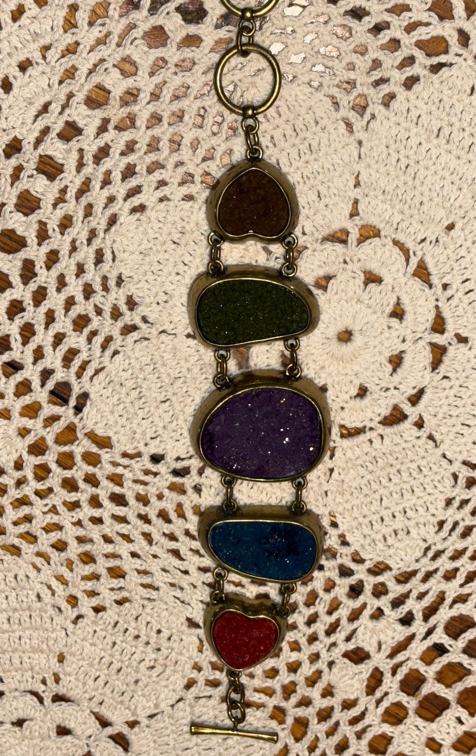 Vintage Handmade 5 Color Geode & Brass Link Chunky Bracelet Toggle Clasp BOHO