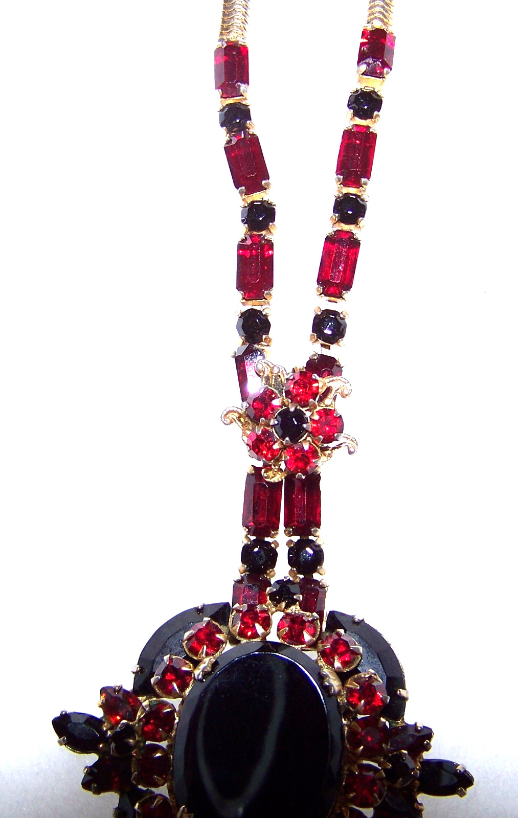 Vintage Red & Black Glass Rhinestone Pendant Necklace Prong Set Art Deco