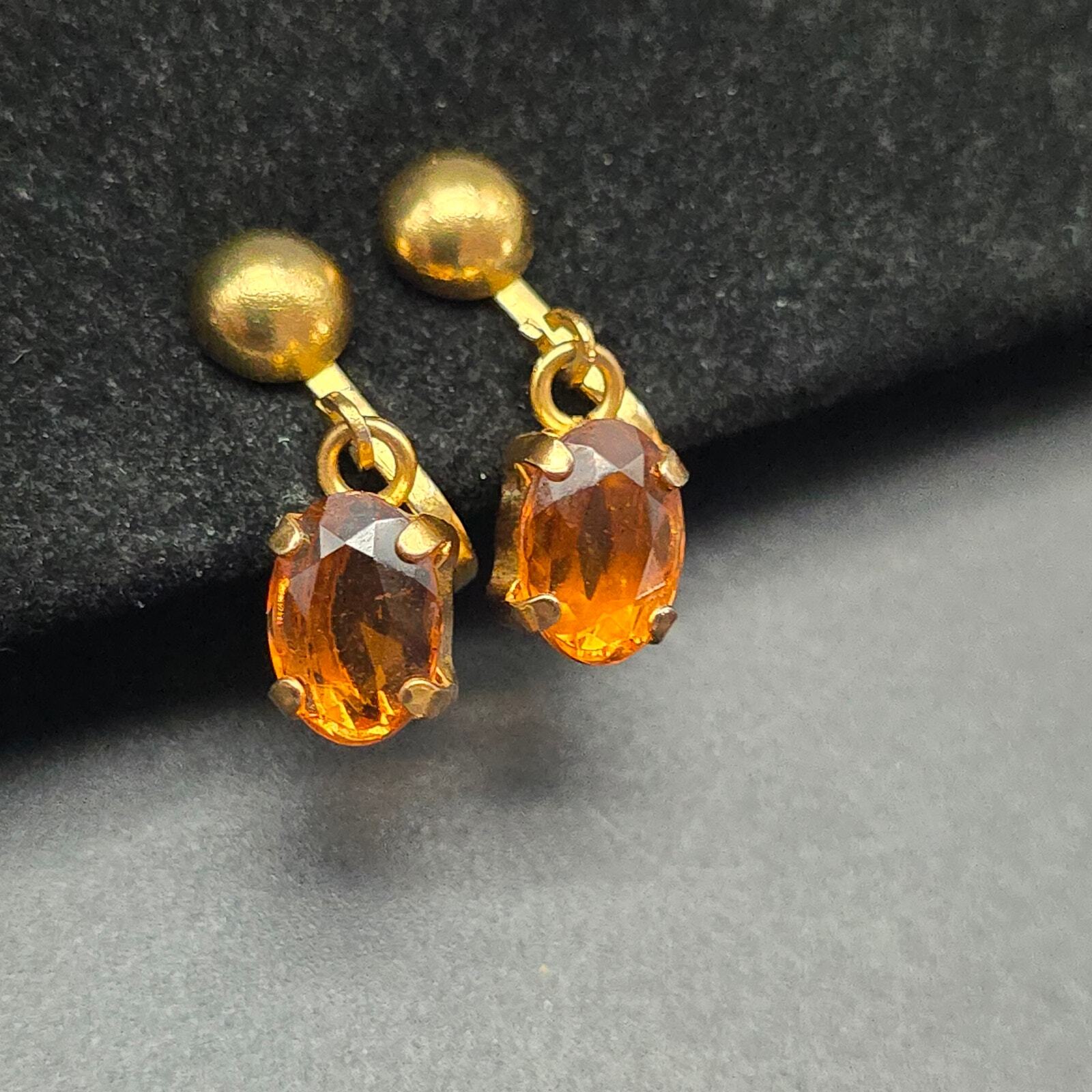Vintage Yellow Orange Rhinestone Clip On Earrings Dangle Drop Charm
